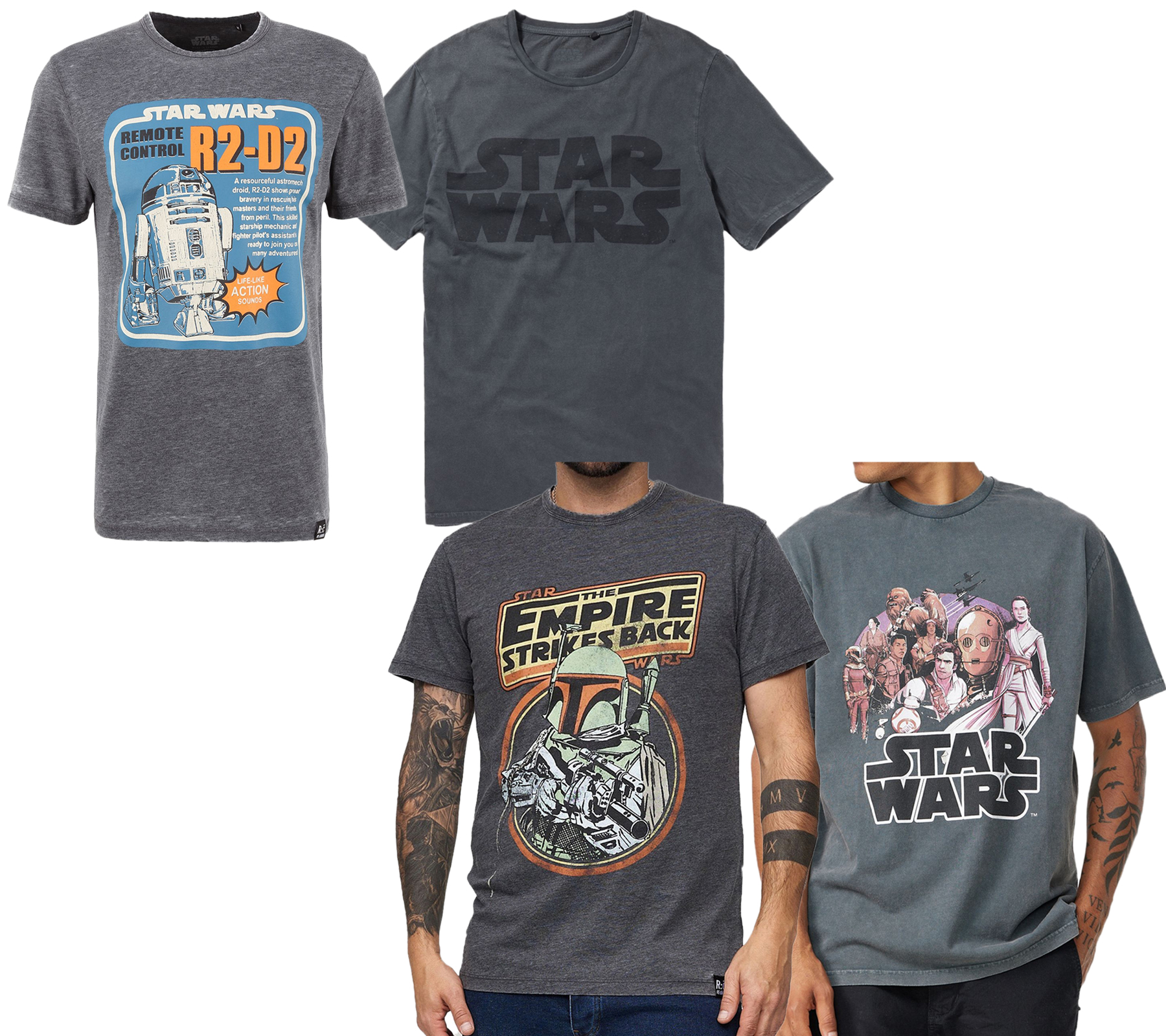 RE:COVERED X STAR WARS Herren T-Shirt Print mit Skywalker-Saga/R2D2 oder Das Imperium schlägt zurück-Print Baumwoll-Shirt Kurzarm-Shirt Dunkel-Grau