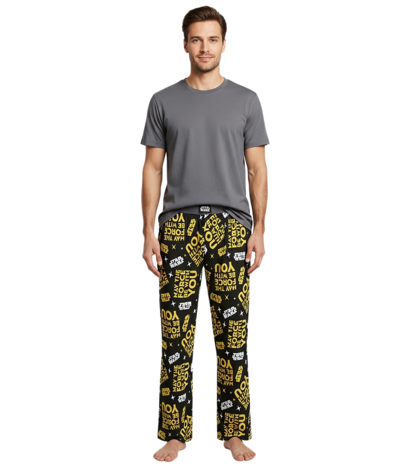 RE:COVERED X Star Wars Pyjama-Hose Herren Schlafanzug-Hose mit "The Force Be With You" Print Loungepants PCSTW1828 Schwarz/Gelb