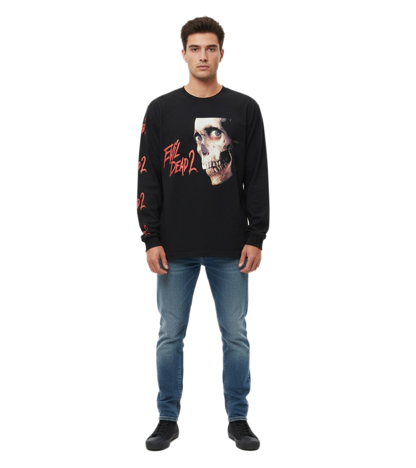 RE:COVERED X Studio Canal Evil Dead 2 Herren Langarm-Shirt mit Horror-Gesichtsprint Baumwoll-Longsleeve Pullover RCSTC115 Schwarz