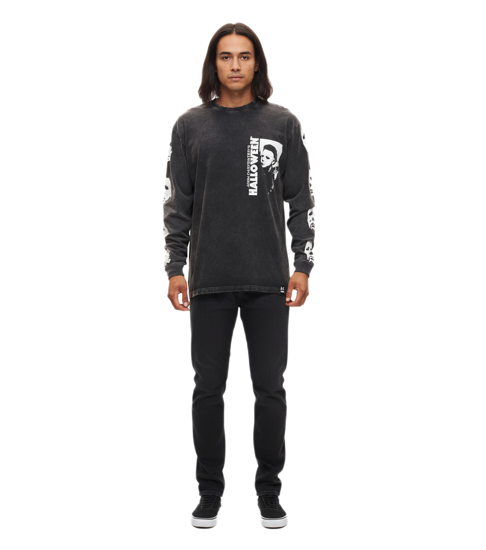RE:COVERED X Studio Canal Halloween Herren Langarm-Shirt mit Vintage-Print Baumwoll-Longsleeve Pullover RCSTC116 verwaschenes Schwarz