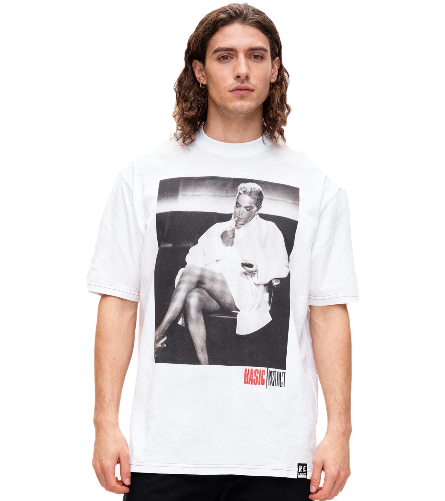 RE:COVERED X Studio Canal Herren T-Shirt BASIC INSTINCT Baumwoll-Shirt mit großem Print Rundhals-Shirt RCSTC113 Weiß