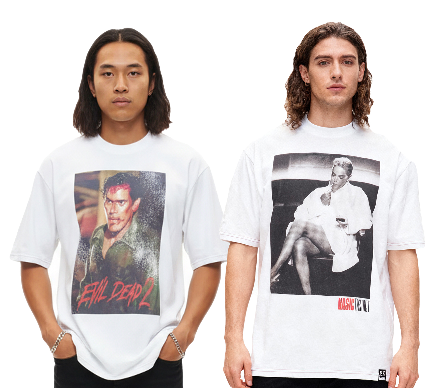 RE:COVERED X Studio Canal Herren T-Shirt EVIL DEAD 2 oder BASIC INSTINCT Baumwoll-Shirt mit großem Print Rundhals-Shirt RCSTC12 Weiß