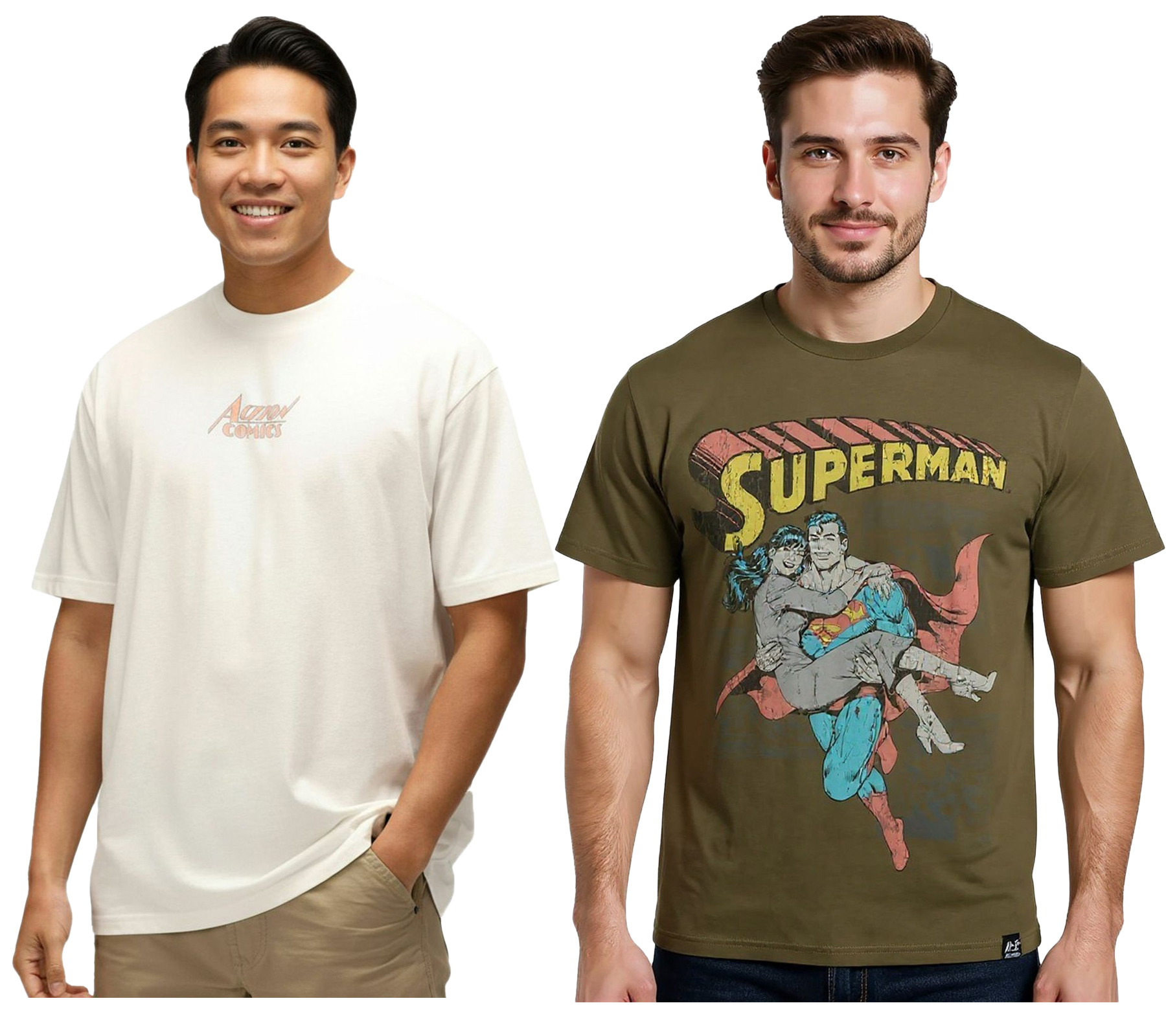 RE:COVERED X SUPERMAN DC Herren T-Shirt mit Comic-Print Baumwoll-Shirt Rundhals-Shirt RCWARN55 in Ecru-Weiß oder Khaki