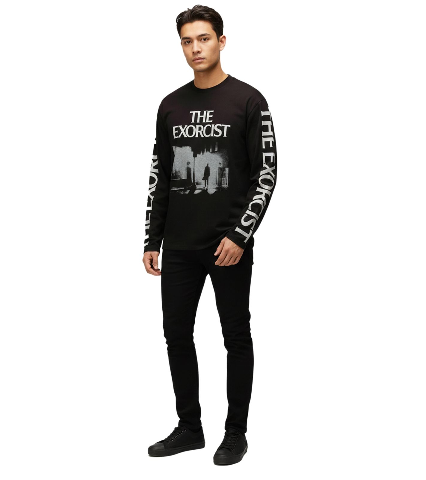 RE:COVERED X THE EXORCIST FILM Herren Shirt mit Foto-Print langärmliges Baumwoll-Shirt Rundhals-Shirt RCWARN560 Schwarz