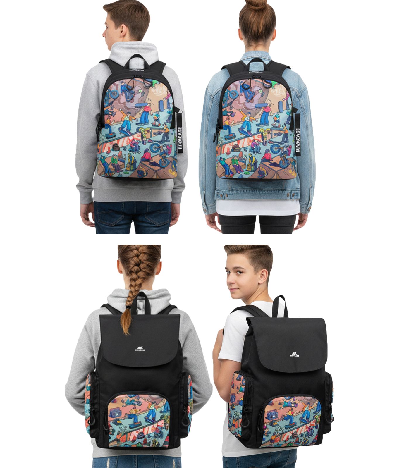 Rivacase Agora Urban Skaters Kinder-Rucksack für Mädchen und Jungen Alltags-Rucksack Schul-Rucksack 12L 5420 BK oder 5425 BK in Schwarz/Bunt