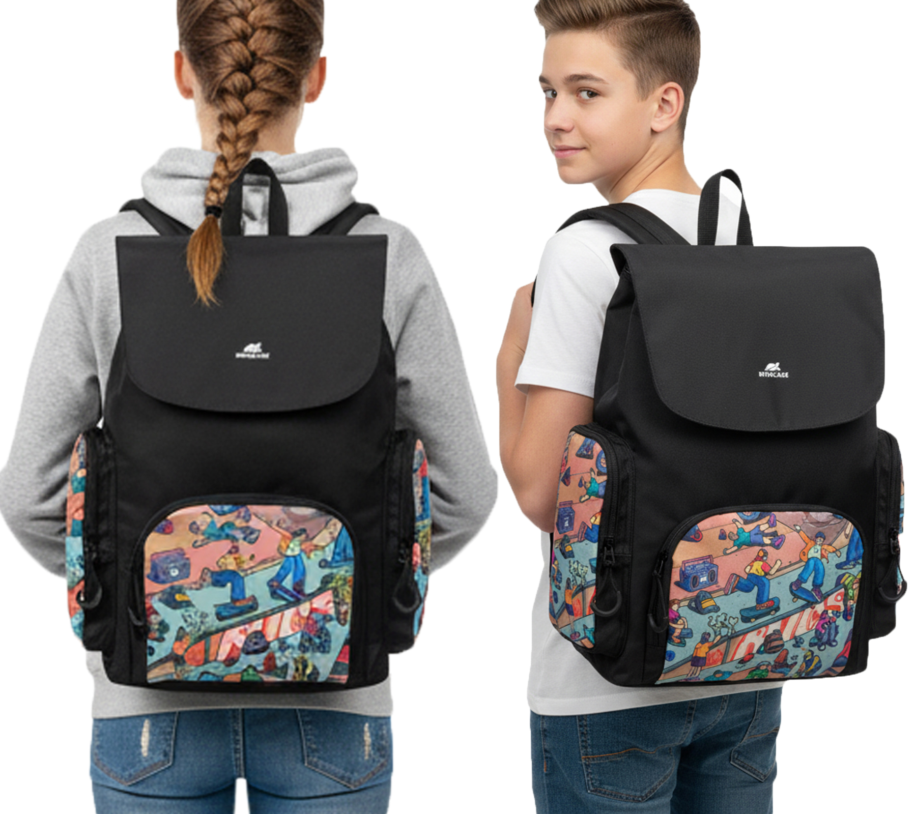 Rivacase Agora Urban Skaters Kinder-Rucksack für Mädchen und Jungen Alltags-Rucksack Schul-Rucksack 15L 5425 BK Schwarz/Bunt