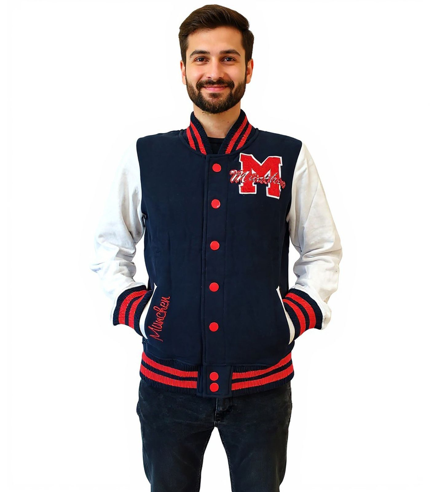 ROBIN RUTH München Herren College-Jacke mit Schriftzug Herbst-Jacke mit Stickerei Übergangs-Jacke Sweat-Jacke FMCN-H Navy/Rot