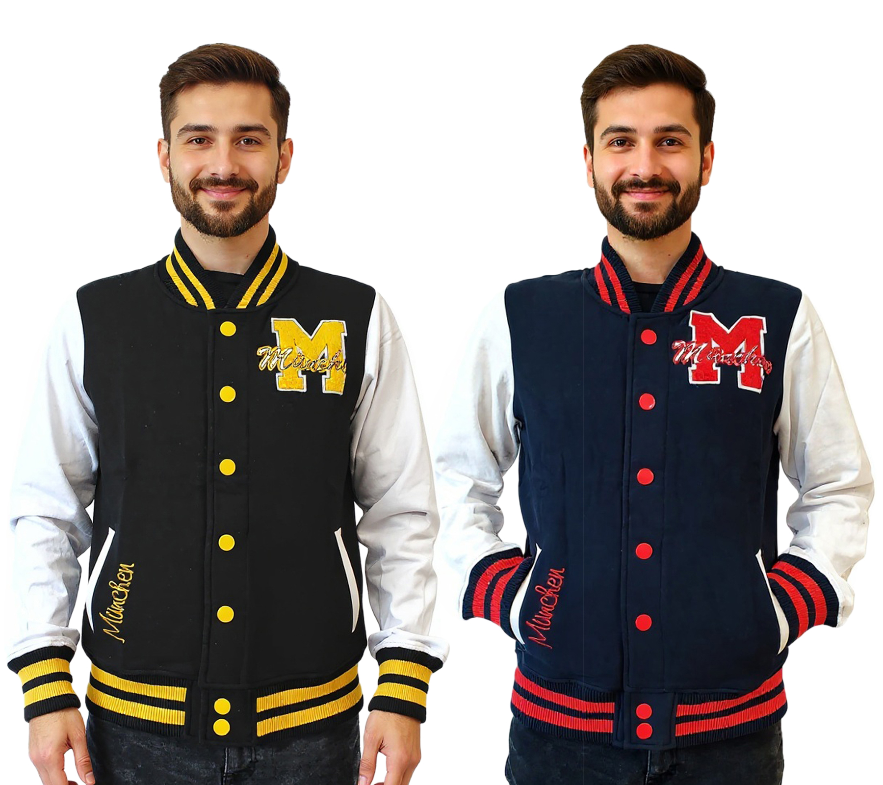 ROBIN RUTH München Herren College-Jacke mit Schriftzug Herbst-Jacke mit Stickerei Übergangs-Jacke Sweat-Jacke Navy/Rot oder Schwarz/Gelb