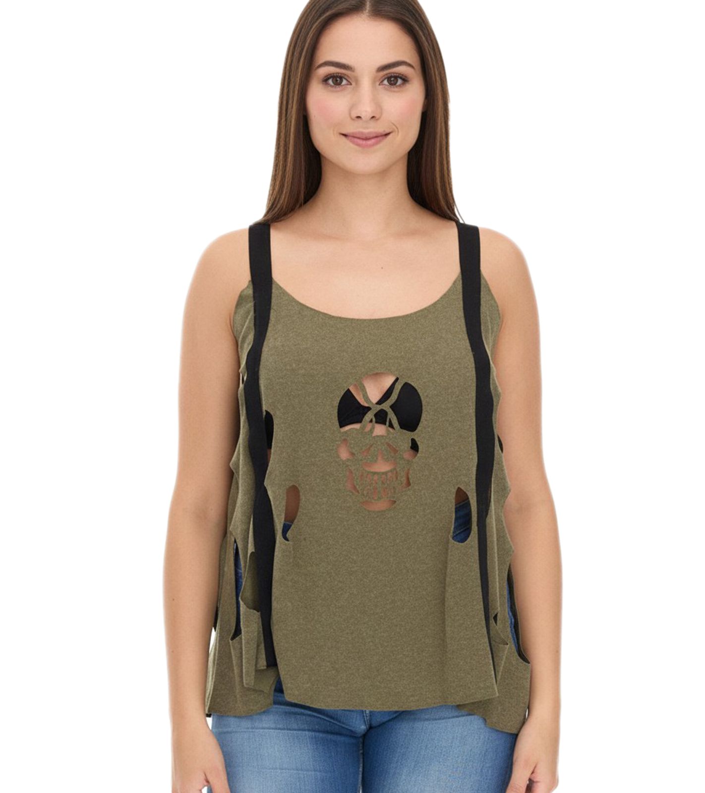 ROCKUPY Ariana Damen Tank-Top mit Totenkopf-Ausschnitt Baumwoll-Shirt Sommer-Top mit Cut-Outs 366326 Khaki