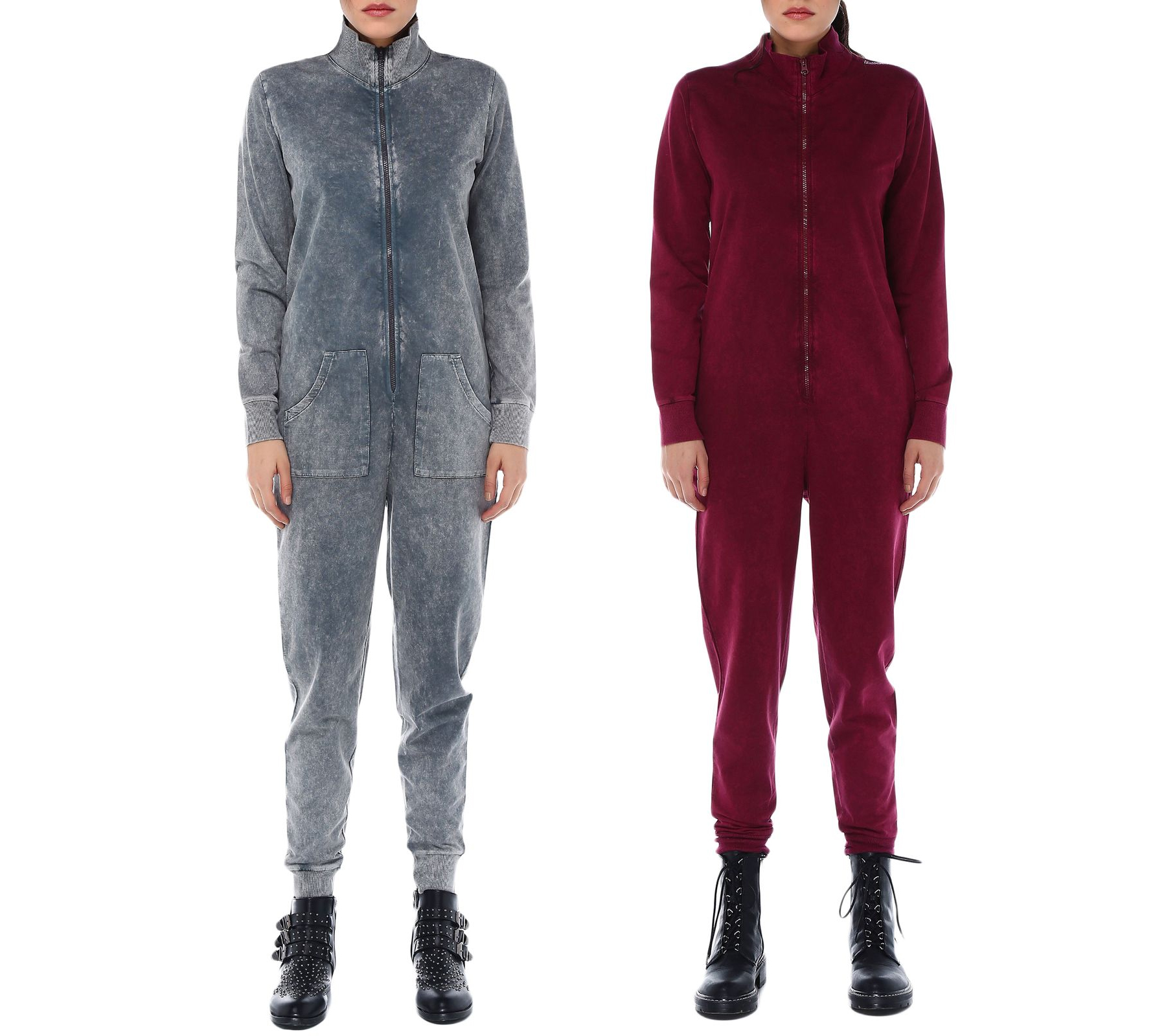 ROCKUPY Damen Jumpsuit einfarbiger oder gebatikter Overall mit Rücken-Print cooler Einteiler Onesie Grau oder Weinrot