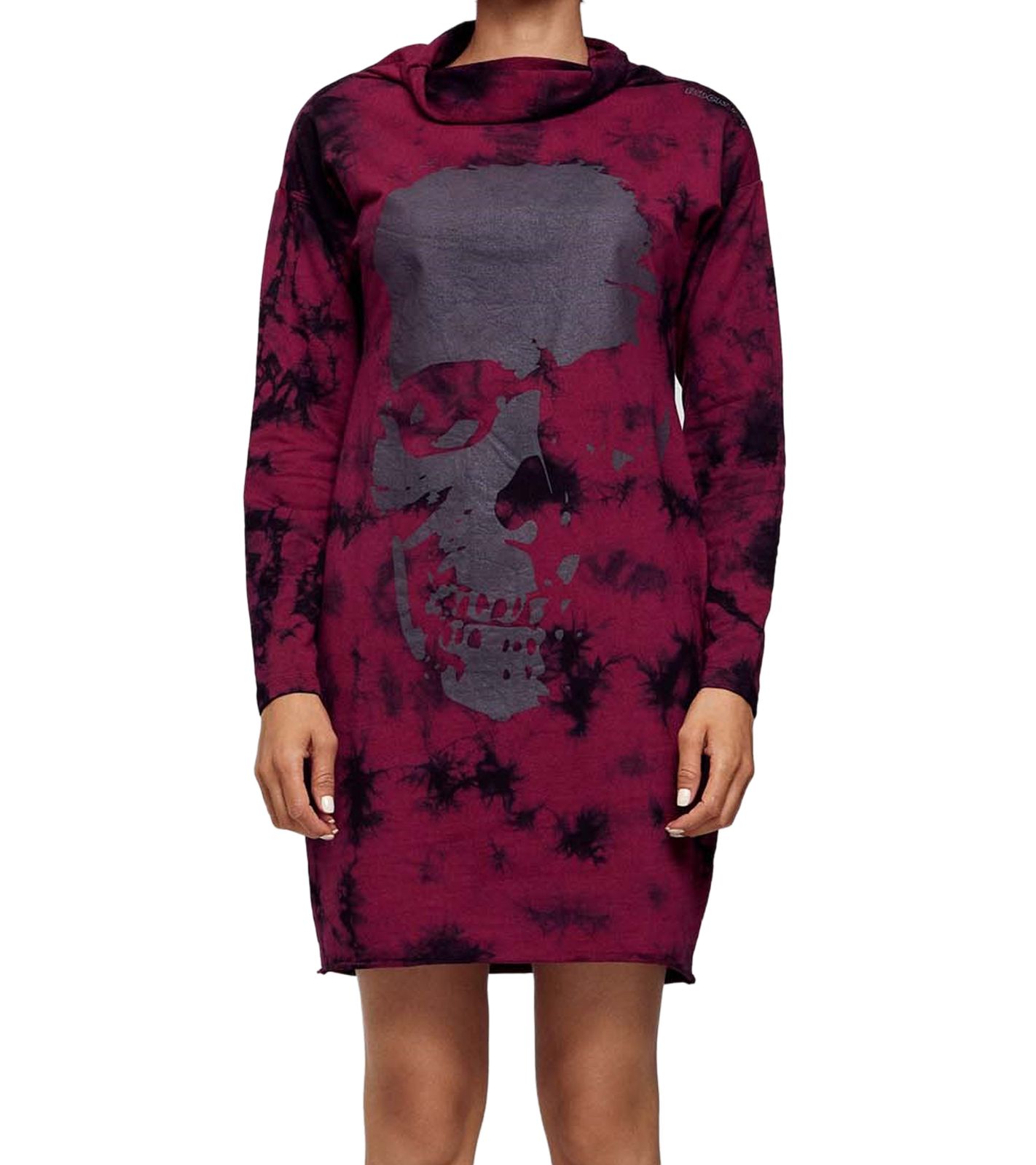 ROCKUPY Damen Sweat-Kleid mit Totenkopf-Print Pullover-Kleid Langarm-Kleid W-393822 Bordeaux/Schwarz