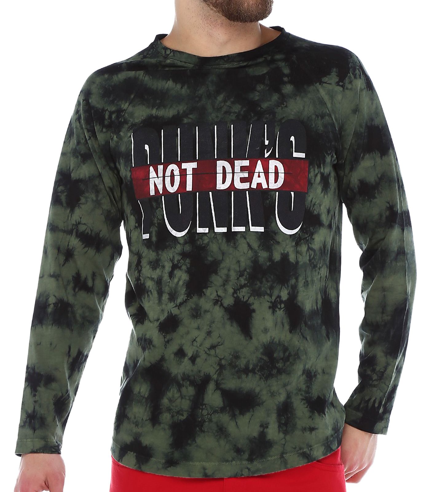 ROCKUPY Herren Longsleeve dünner Baumwoll-Pullover mit "Punk´s not Dead" Print 393820 Grün/Schwarz