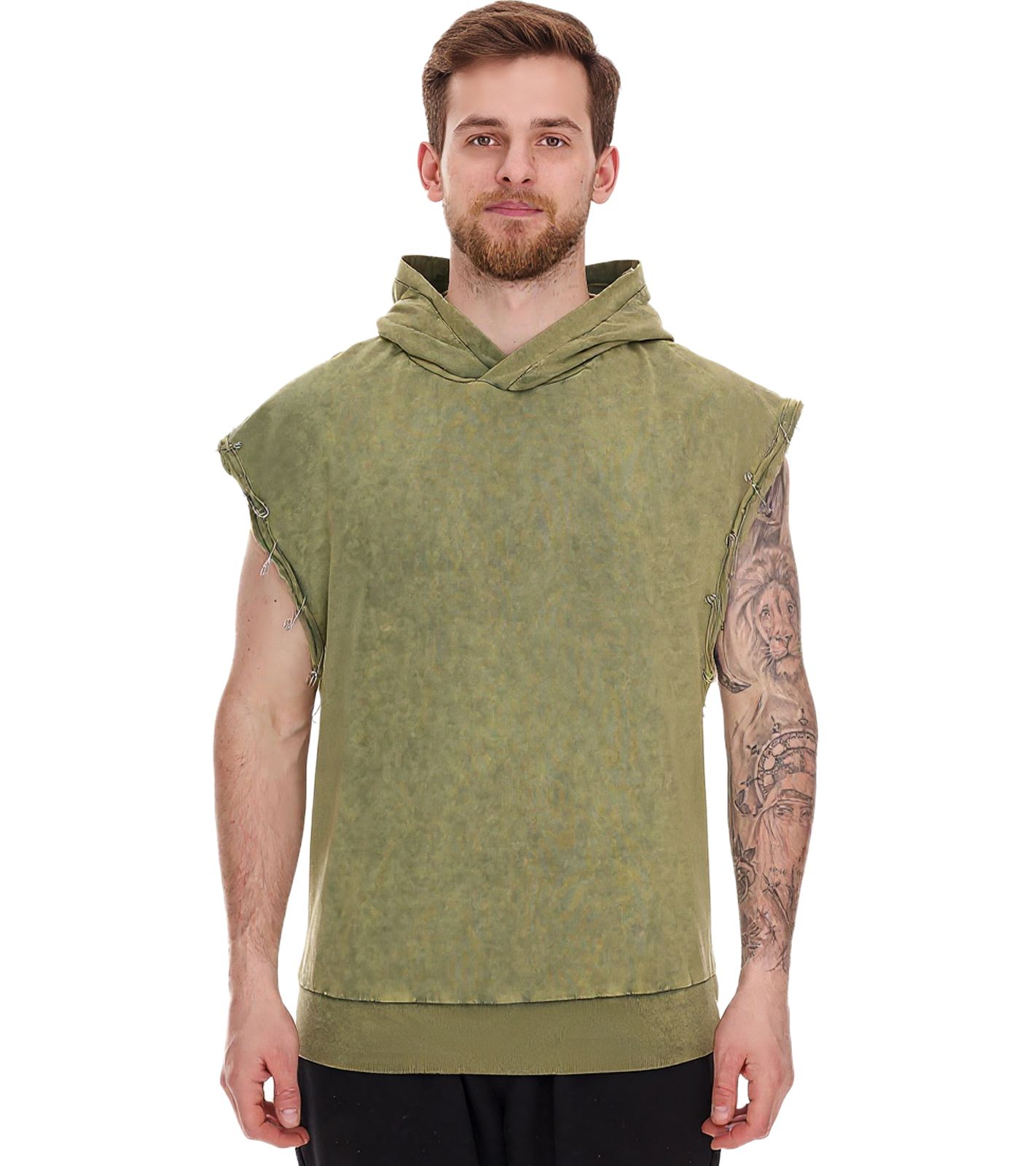ROCKUPY Herren Tank-Top mit Kapuze ärmelloses Baumwoll-Shirt mit Rücken-Print gebatiktes Muskel-Shirt 393827 Grün