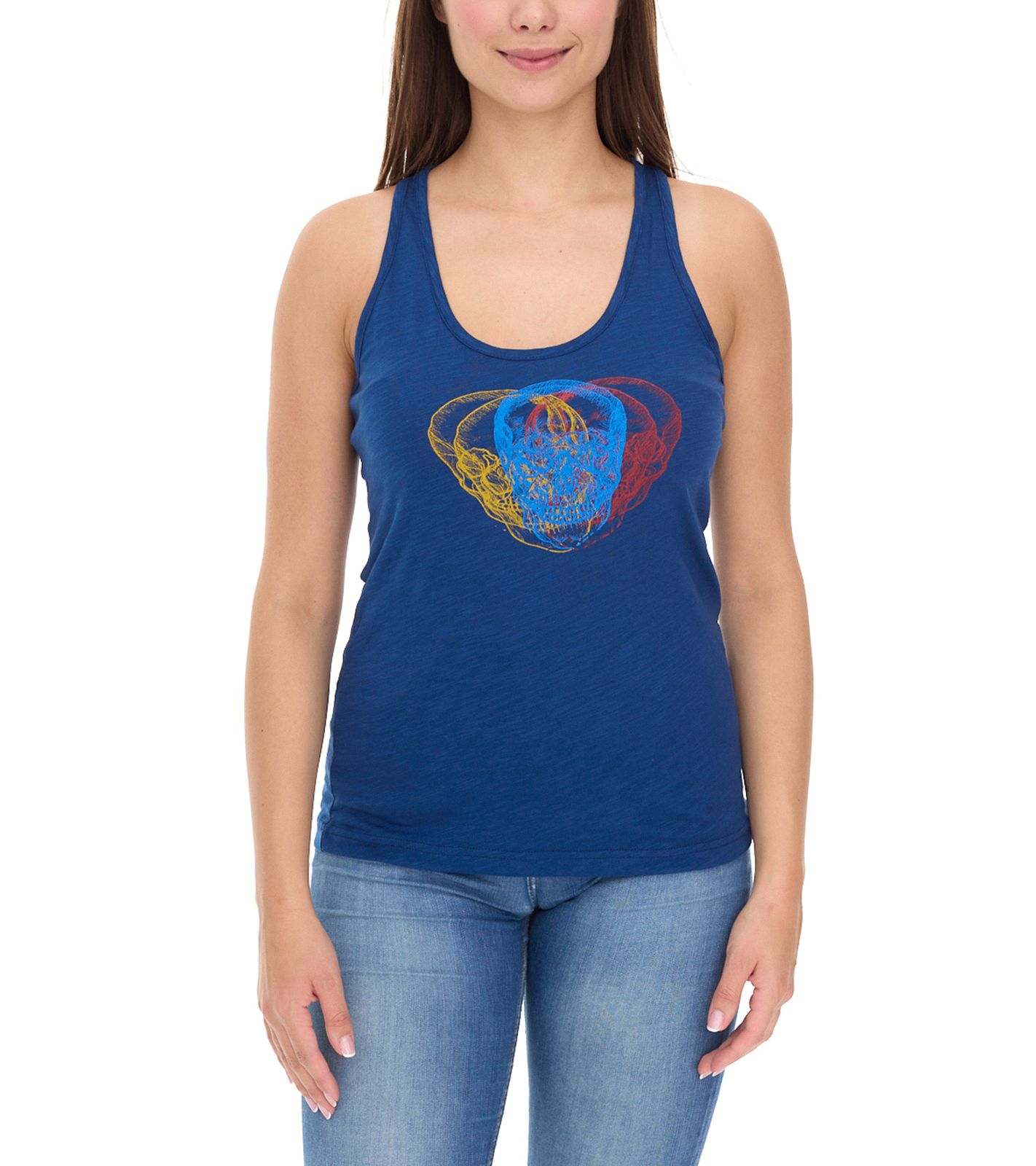 ROCKUPY Neoh Damen Tank-Top mit Totenkopf-Print Baumwoll-Shirt Sommer-Shirt 218006 Dunkelblau