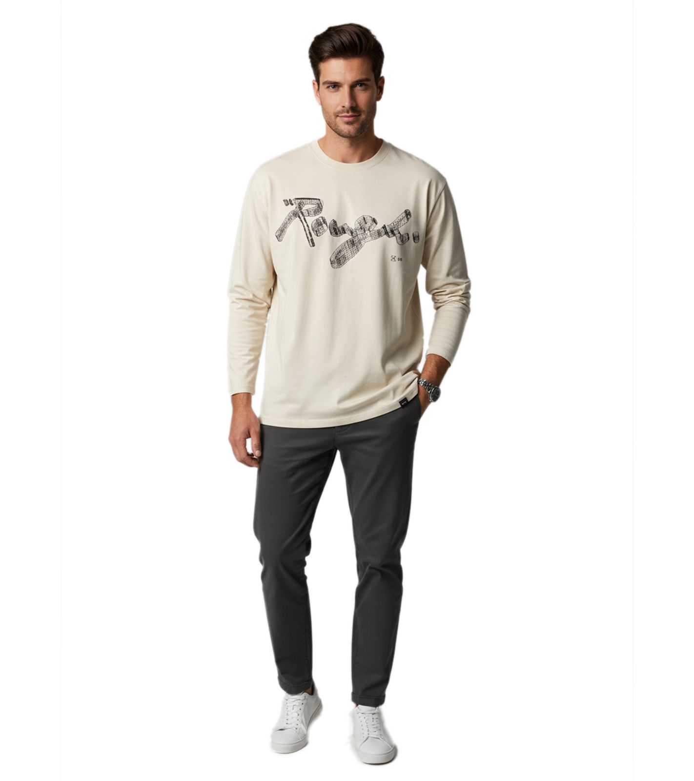ROUGH. LS Raw Threedee Langarmshirt mit Logo-Print aus Baumwolle – Ecru