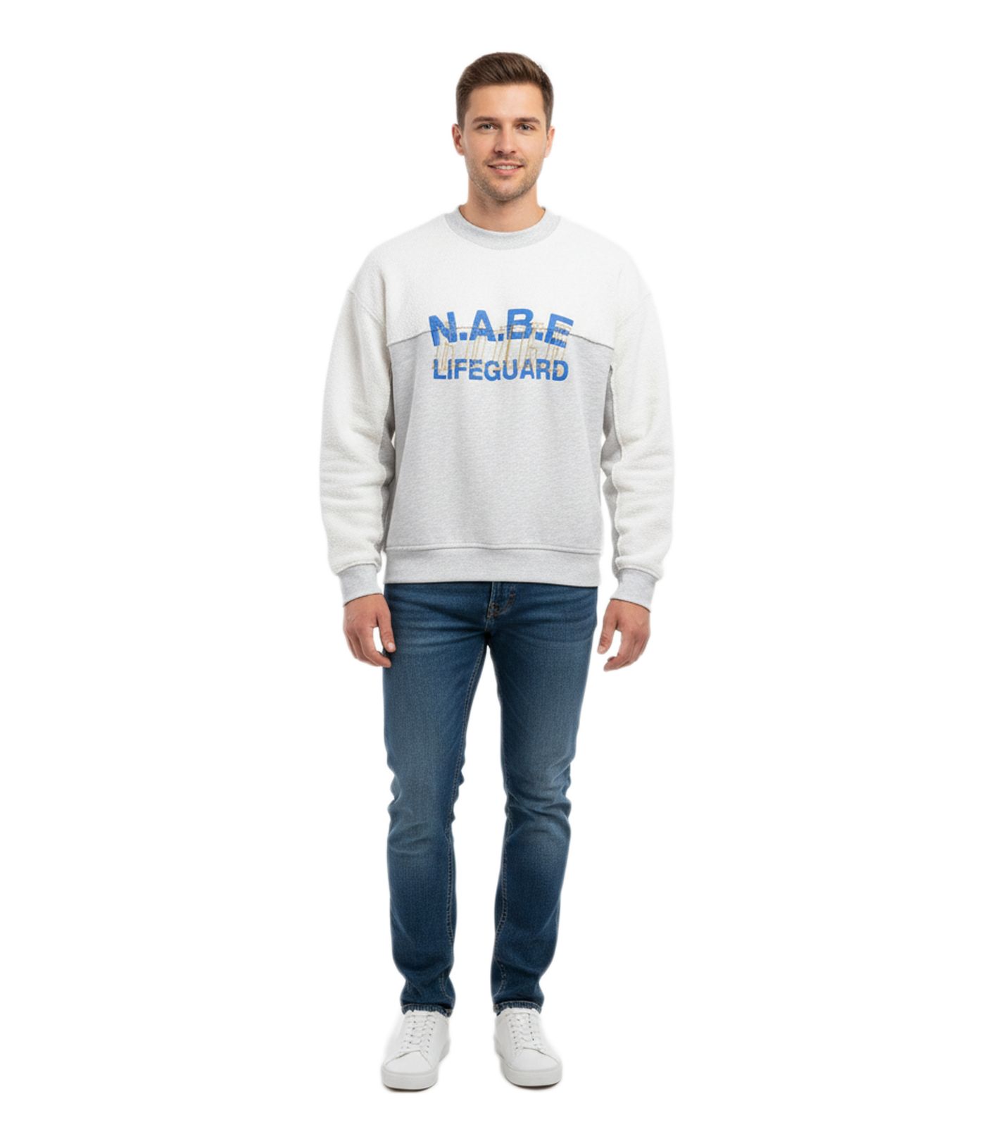 ROUGH. Nabe Herren Sweater stylischer Baumwoll-Pullover mit Logo-Stickerei Sweatshirt Grau/Weiß
