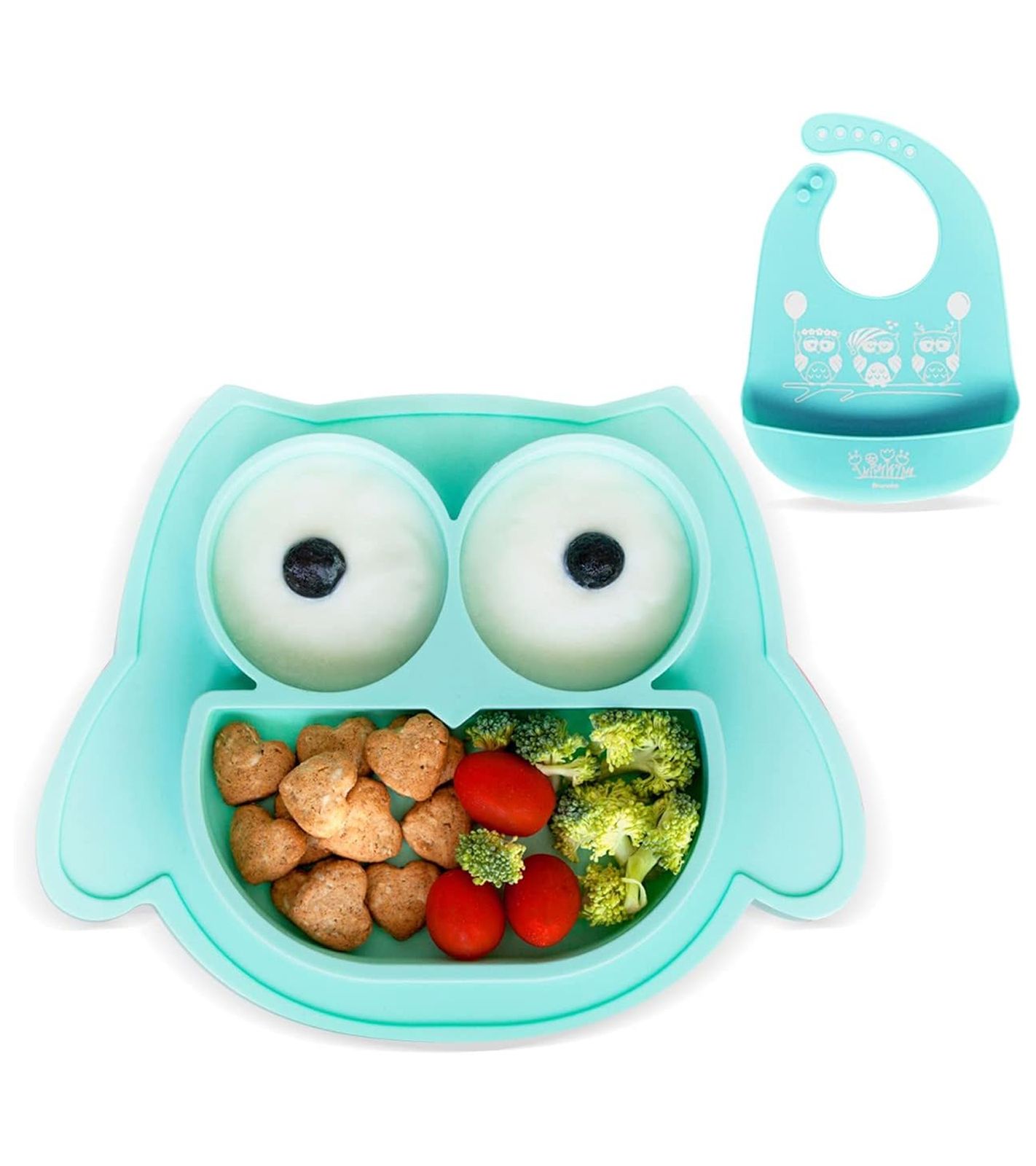 Rutschfestes Brunoko Silikon-Babyteller 2-in-1 Baby-Tellerset Lätzchen mit Auffangschale aus Silikon BPA-frei Mint-Grün