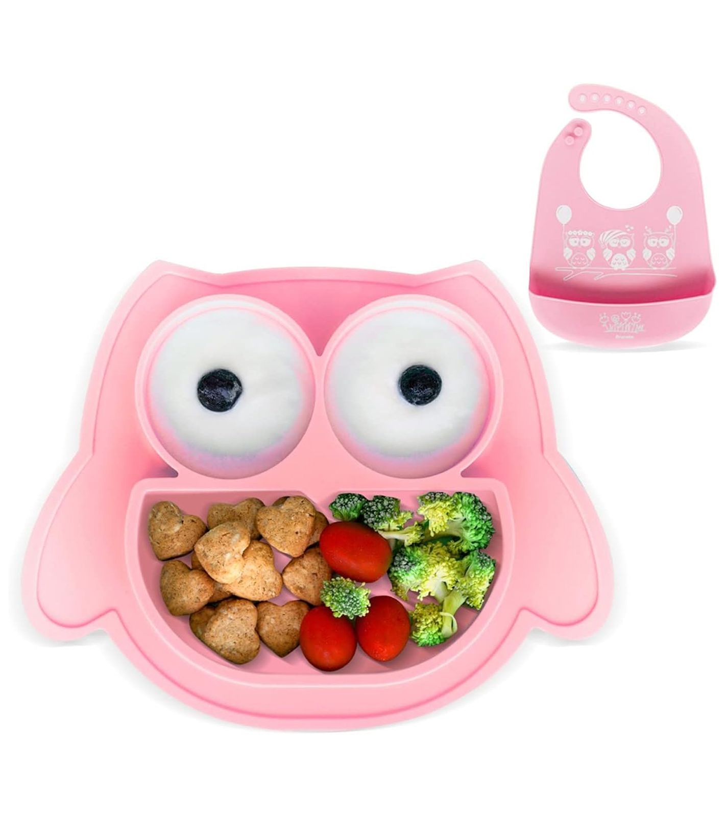 Rutschfestes Brunoko Silikon-Babyteller 2-in-1 Baby-Tellerset Lätzchen mit Auffangschale aus Silikon BPA-frei Rosa
