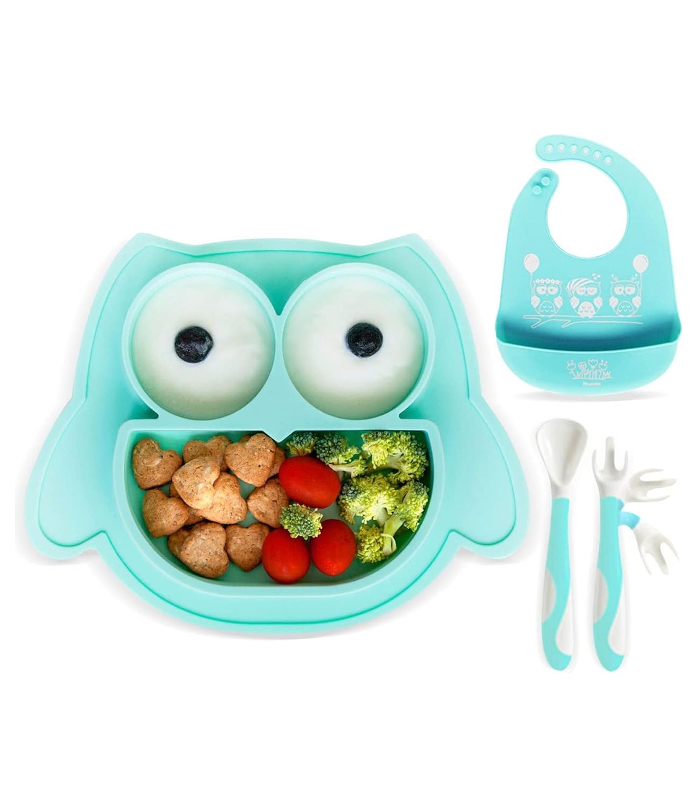 Rutschfestes Brunoko Silikon-Babyteller 3-in-1 Baby-Tellerset + Babylöffel + Lätzchen mit Auffangschale aus Silikon BPA-frei Mint-Grün