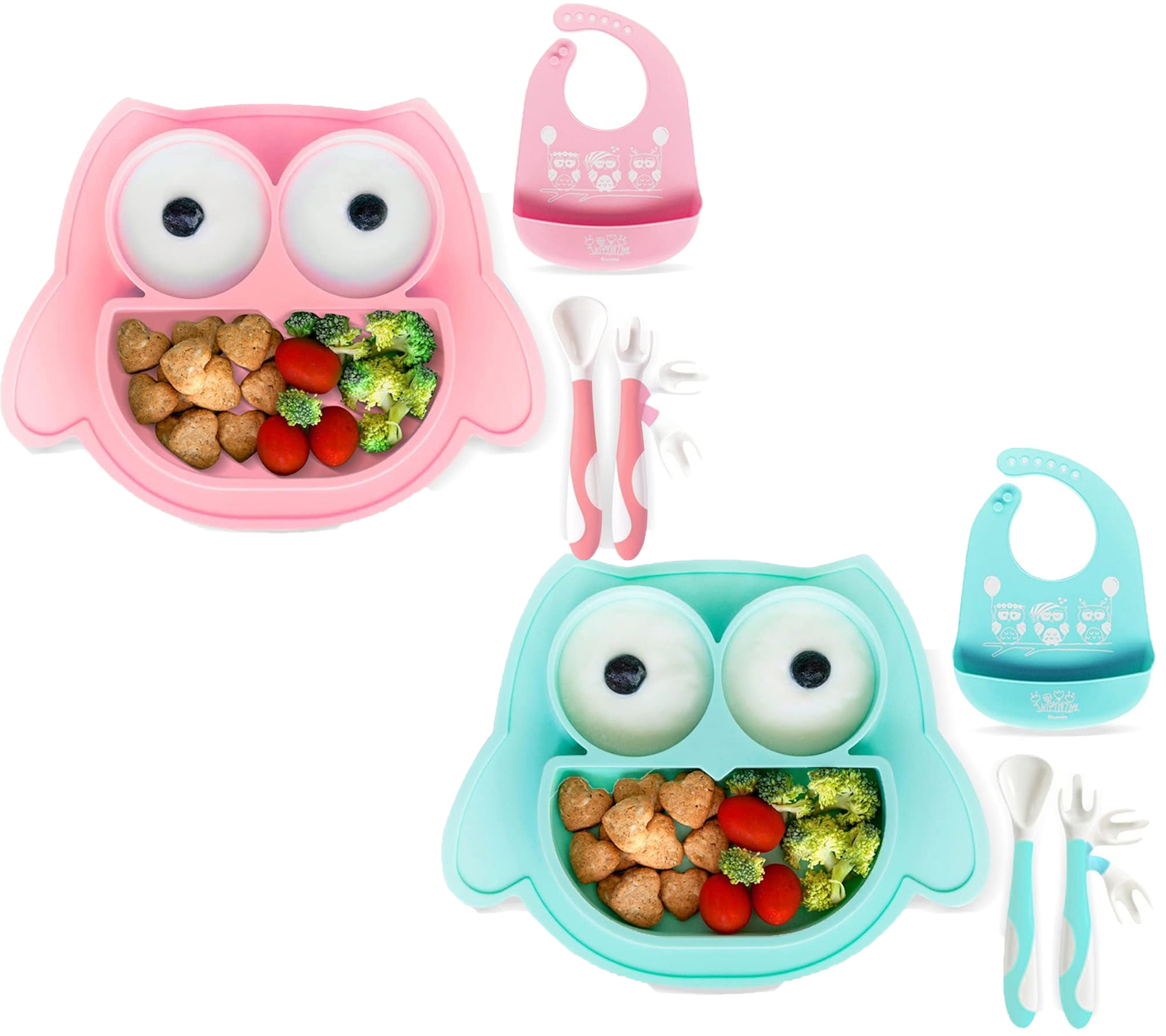 Rutschfestes Brunoko Silikon-Babyteller 3-in-1 Baby-Tellerset + Babylöffel + Lätzchen mit Auffangschale aus Silikon BPA-frei Rosa oder Mint-Grün