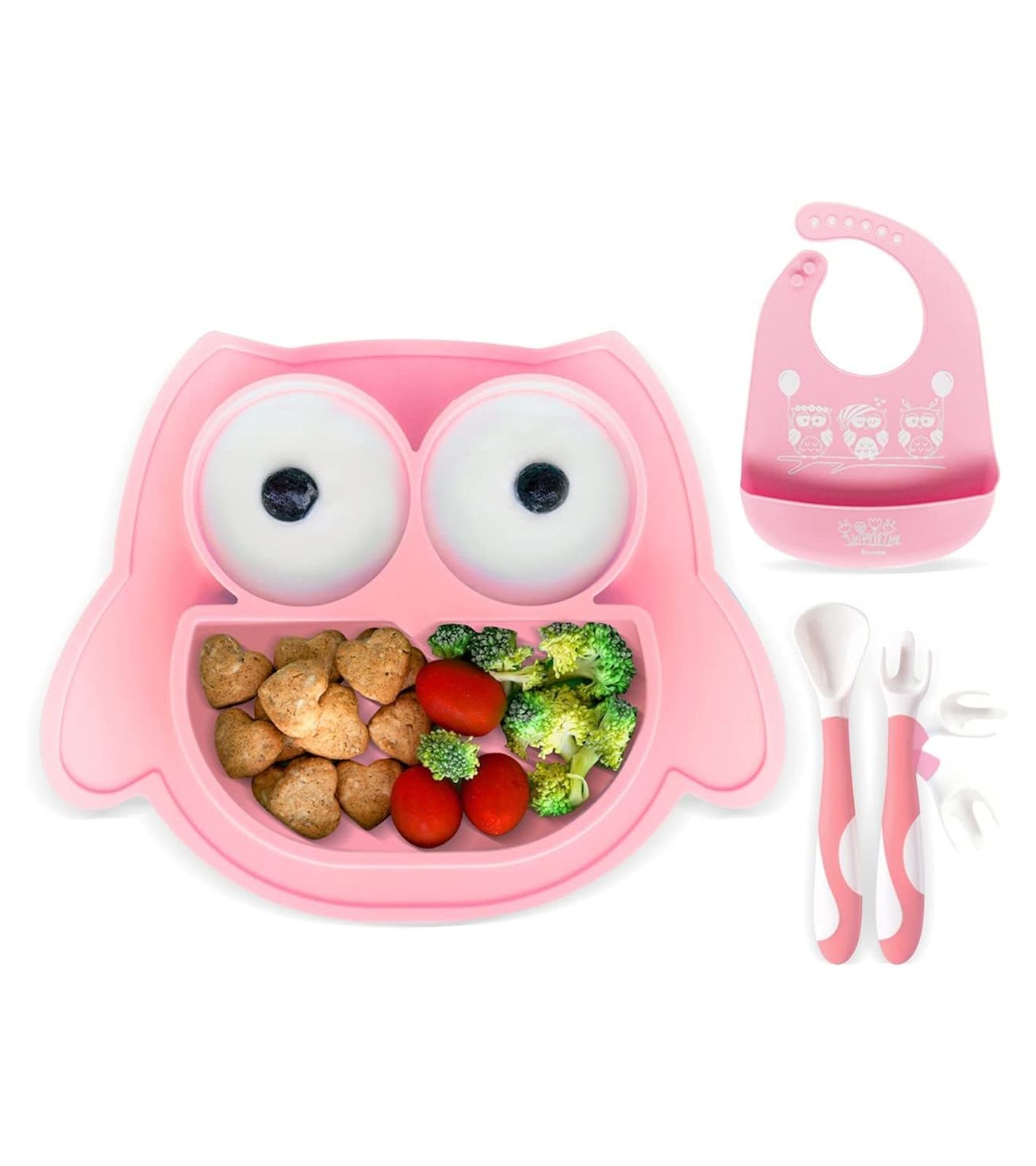 Rutschfestes Brunoko Silikon-Babyteller 3-in-1 Baby-Tellerset + Babylöffel + Lätzchen mit Auffangschale aus Silikon BPA-frei Rosa