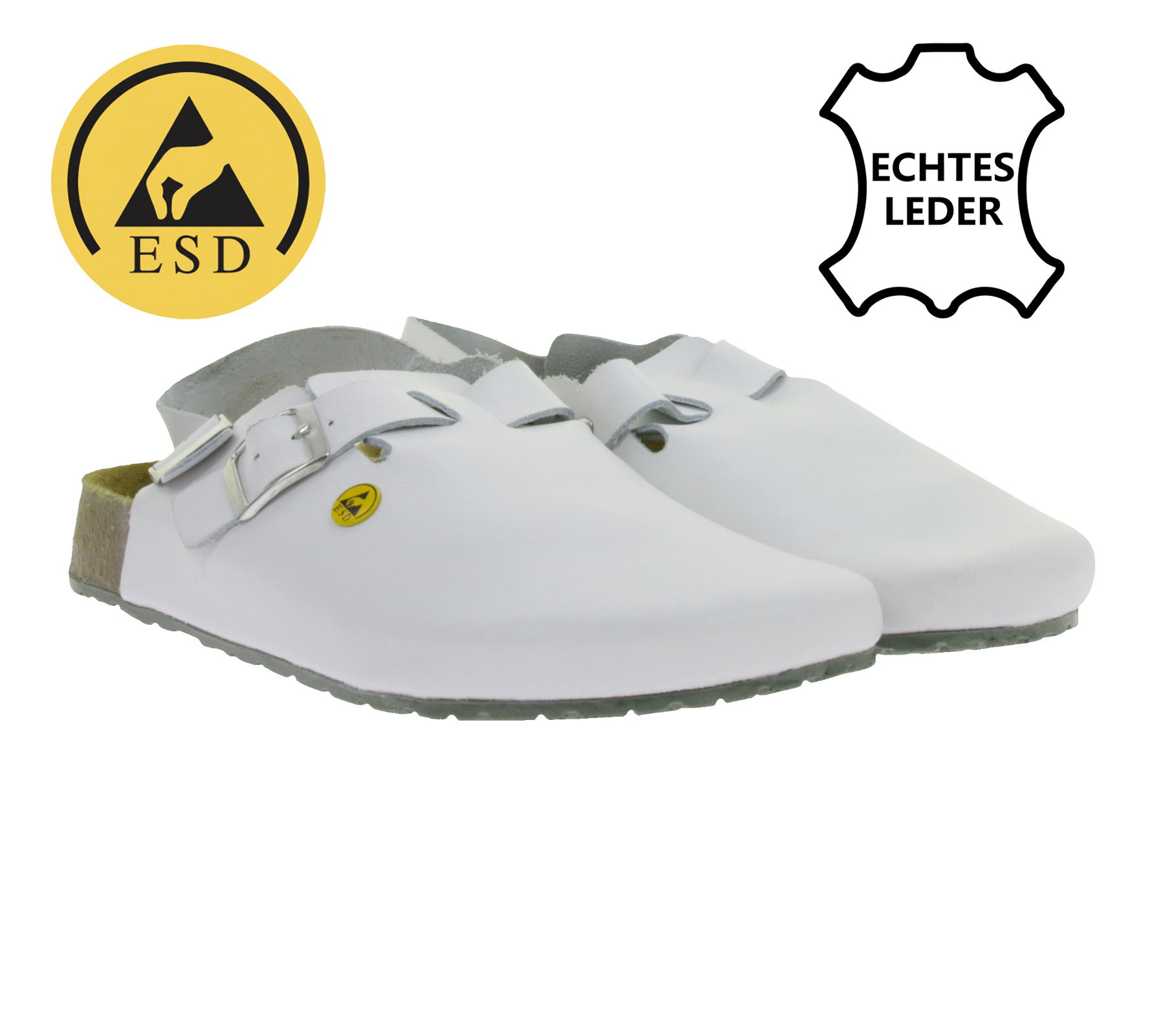 Rutschhemmende hsm Herren Arbeits-Pantoletten ESD-geeignet Echtleder-Schuhe mit SRA-Schutzklasse Sandalen Berufsschuhe Factory Second B-Ware Arzt-Schuhe Weiß