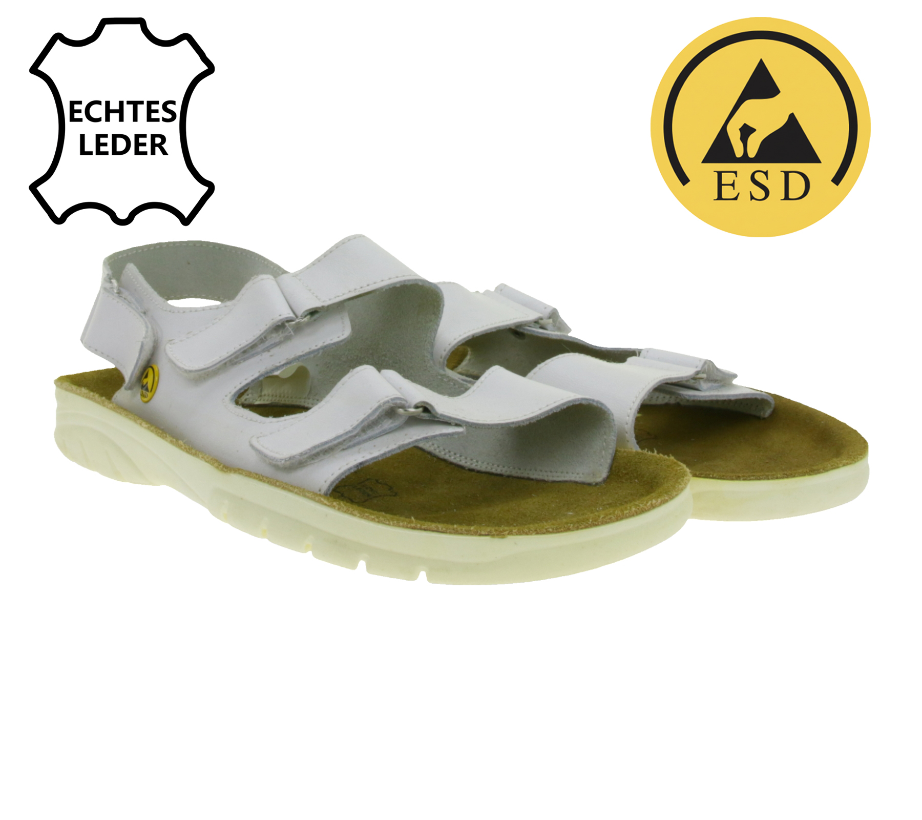Rutschhemmende hsm Herren Arbeits-Sandalen ESD-geeignet Echtleder-Schuhe mit SRA-Schutzklasse Pantoletten Berufsschuhe Factory Second B-Ware Arzt-Schuhe Weiß