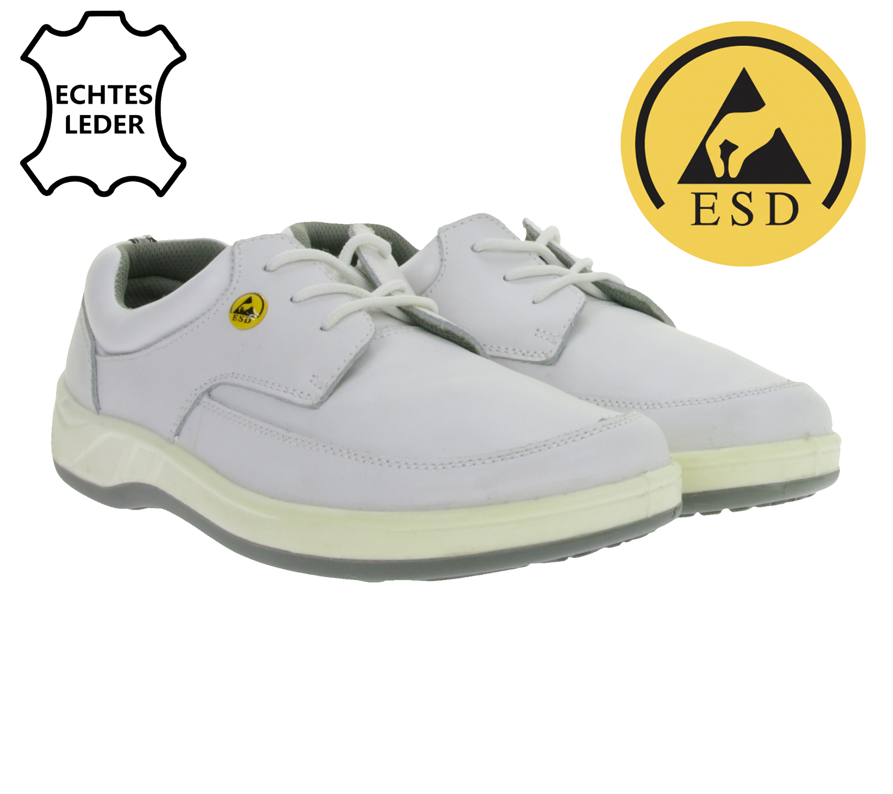 Rutschhemmende hsm Herren Arbeits-Schnürschuhe ESD-geeignet Echtleder-Schuhe SRA-Schutzklasse Halb-Schuhe Berufsschuhe Factory Second B-Ware Arzt-Schuhe Weiß