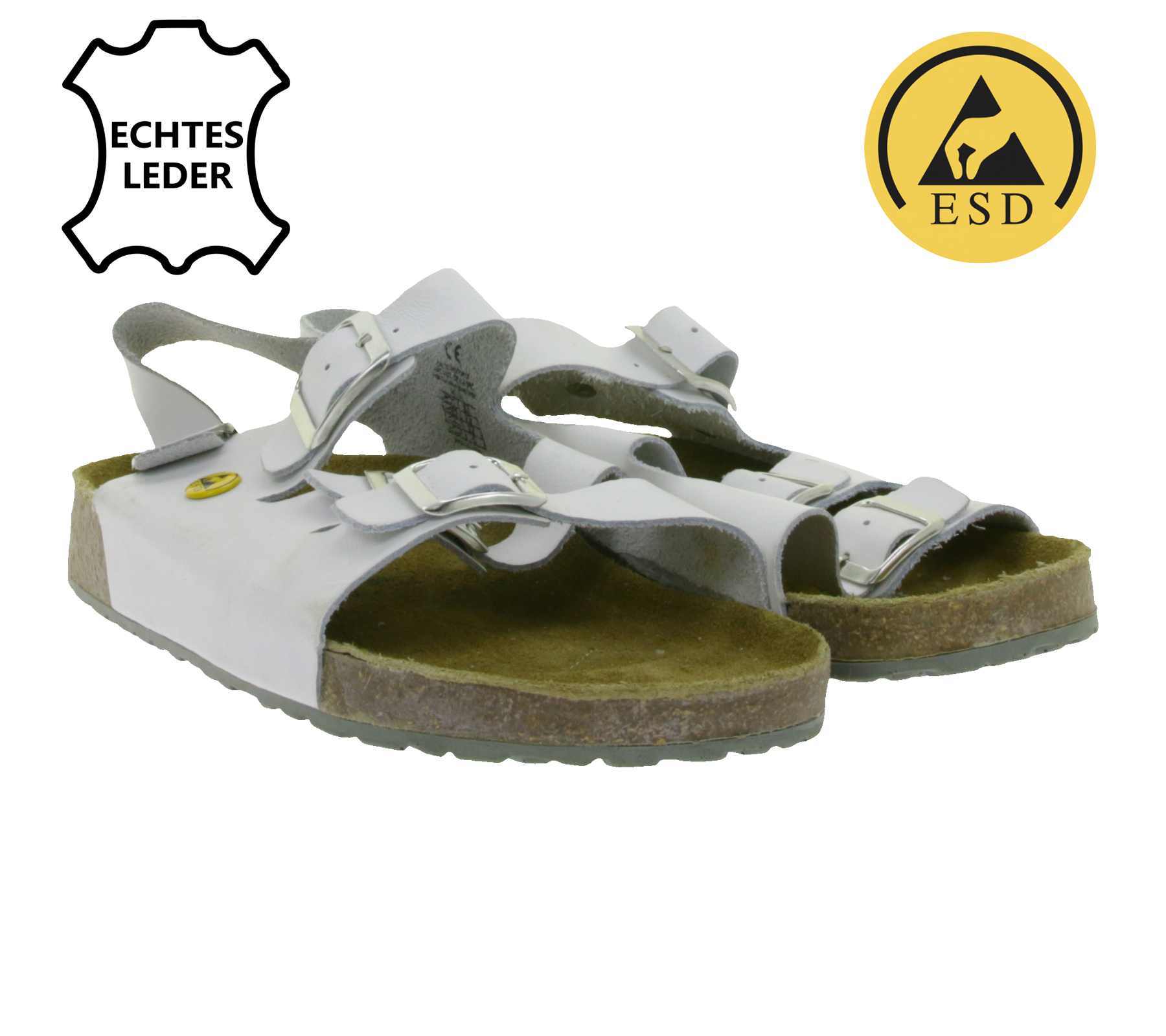 Rutschhemmende hsm Herren und Damen Arbeits-Sandalen ESD-geeignet Echtleder-Schuhe mit SRC-Schutzklasse Pantoletten Berufsschuhe Factory Second B-Ware Arzt-Schuhe Weiß