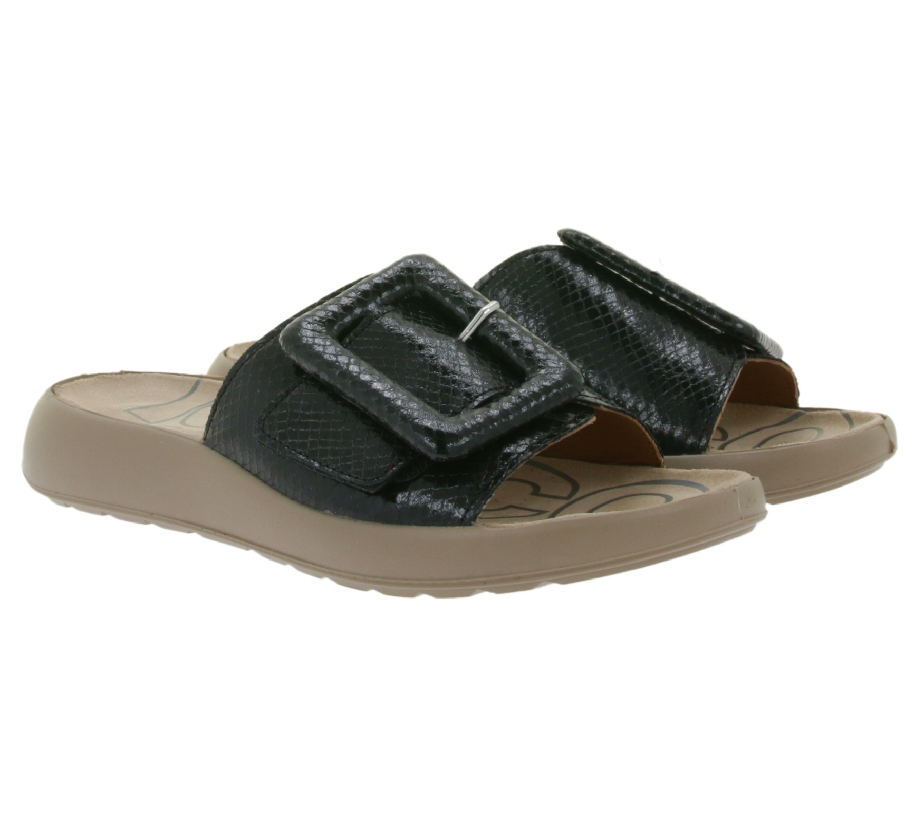 Schicke igi&co Damen Echtleder-Pantoletten Made in Italy Schlappen mit Riemen im Schlangen-Design 76784 00 Schwarz