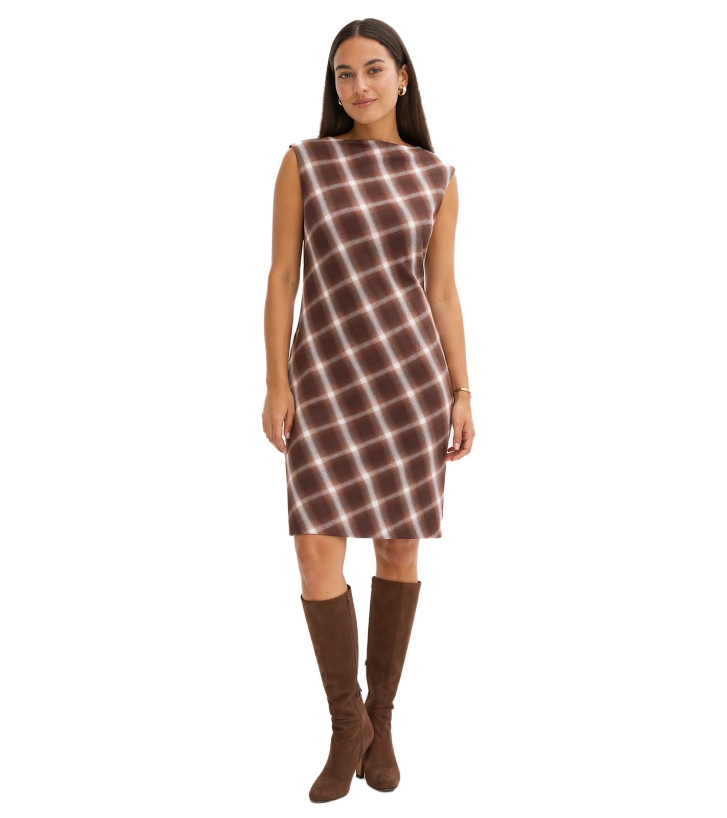 schickes Damen Kleid im Karo-Muster Abend-Kleid Mini-Kleid ärmellos 938009 Braun/Weiß