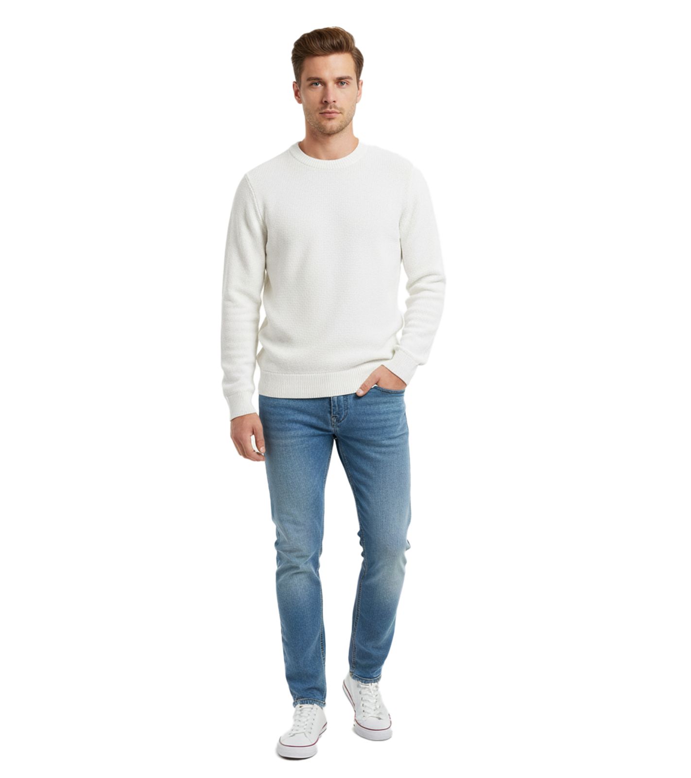 Schlichter ESPRIT Herren Strick-Pullover Rundhals-Sweater Baumwoll-Pullover Weiß