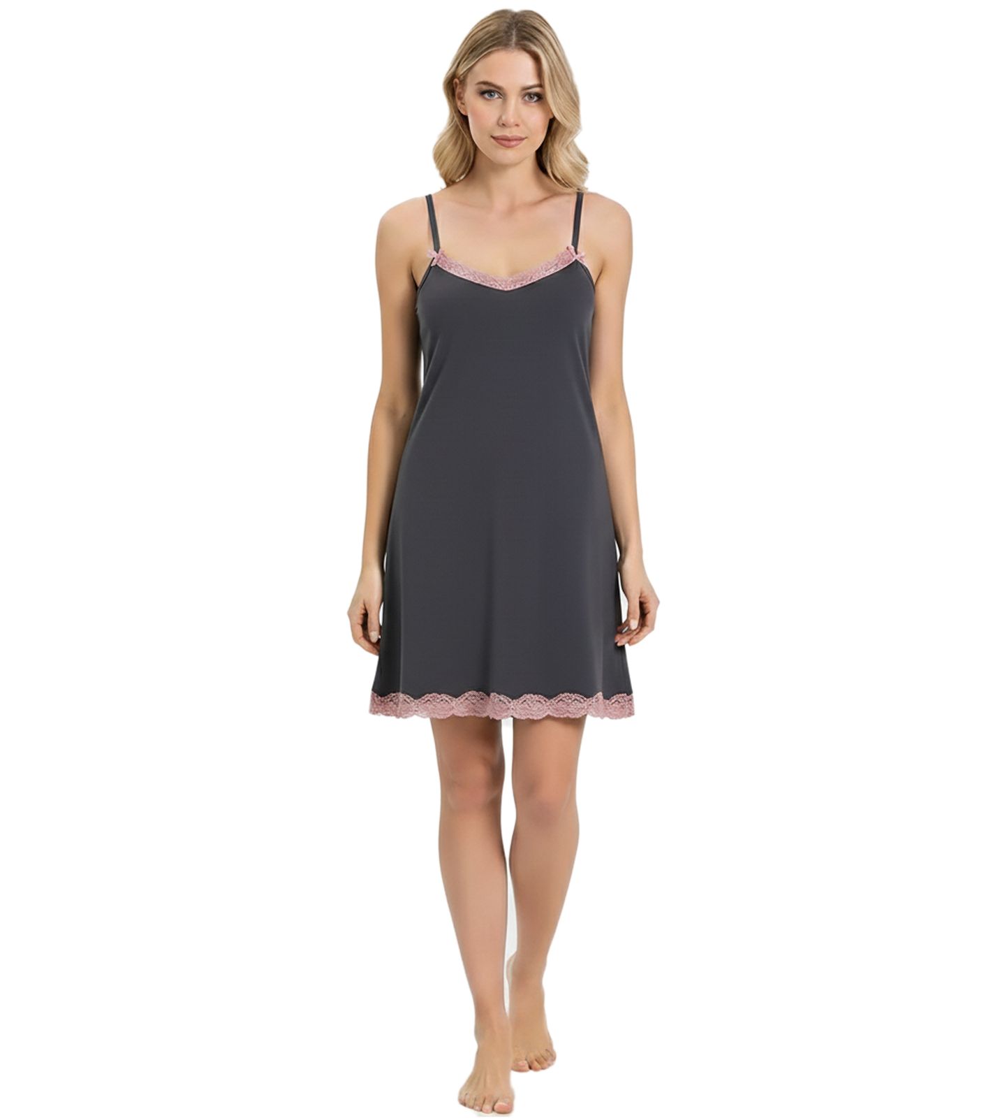 schmückendes Damen Nachthemd Pyjama mit zarter Spitze und Schleifen Nacht-Kleid Baumwoll-Kleid 927280 Grau/Rosa