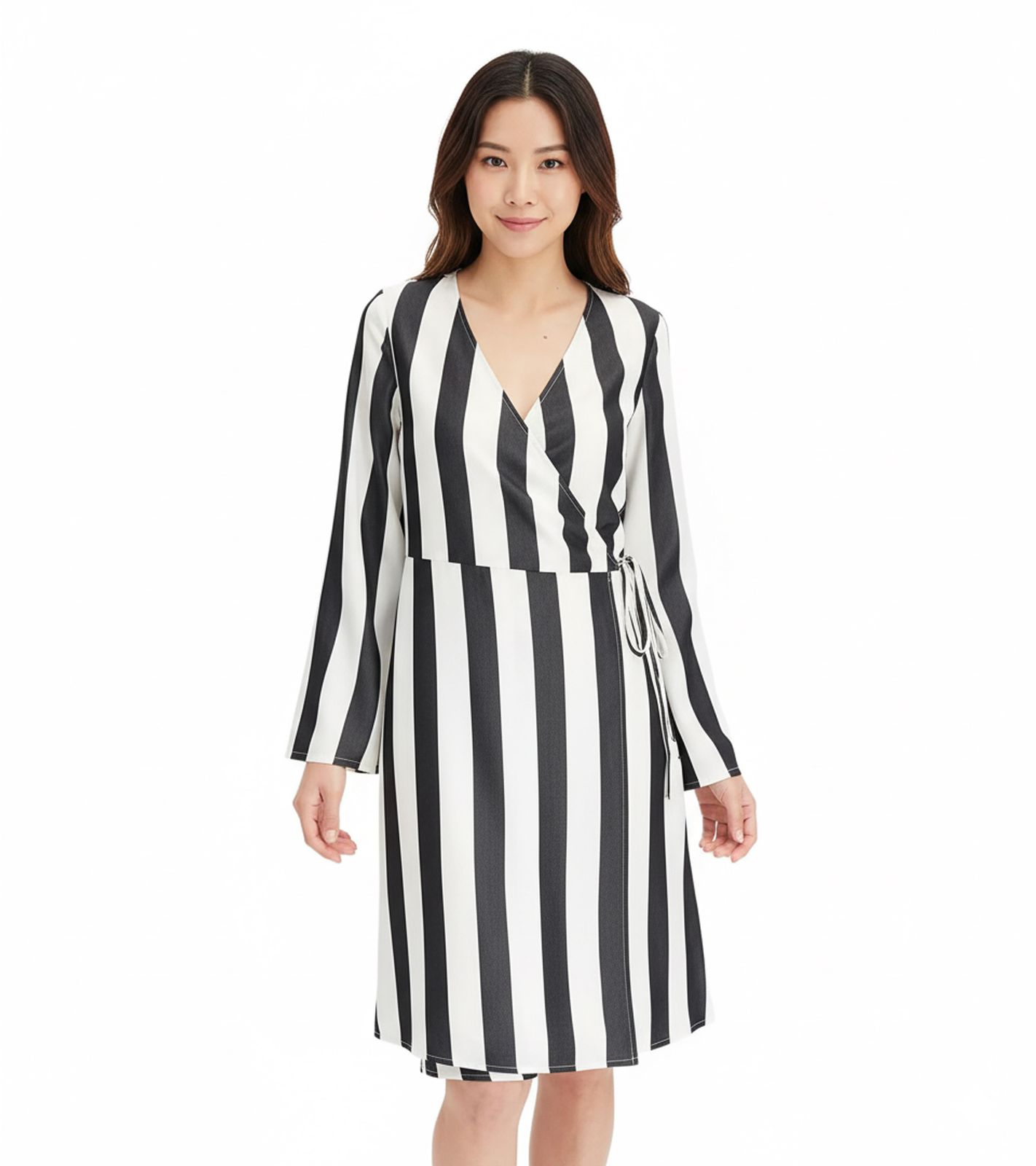 Schönes Streifenkleid für Damen Wickel-Kleid mit V-Ausschnitt Mini-Kleid 978829 Schwarz/Weiß