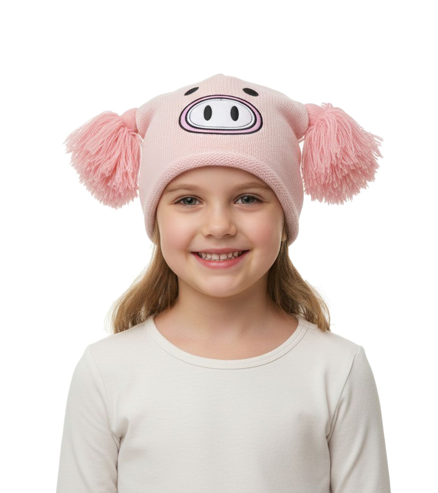 Schweinchen Mütze Teenager Beanie mit Bommeln und niedlichem Gesicht vorne BE170080PLW Rosa