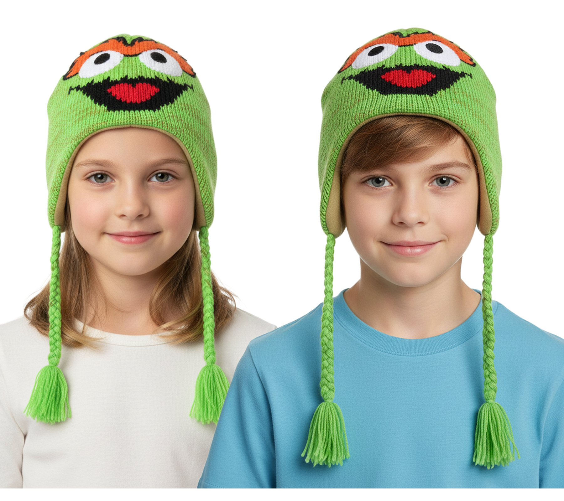 Sesamstraße Oskar aus der Tonne Mütze Kinder Beanie mit Zöpfen KC148220SES Grün