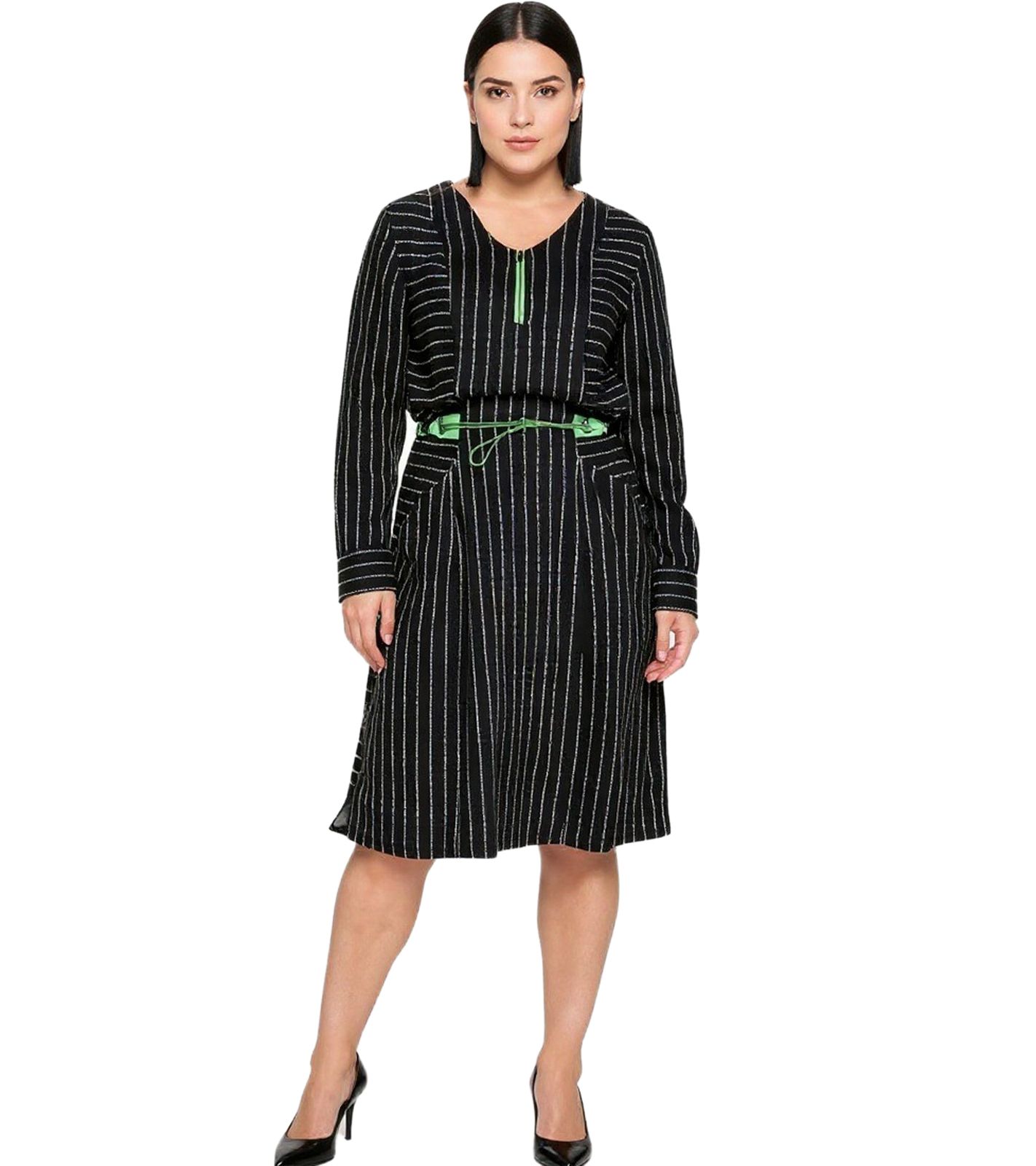 sheego Damen Sommer-Kleid knielanges Kleid mit Eingrifftaschen Große Größen Langarm 89135290 Schwarz
