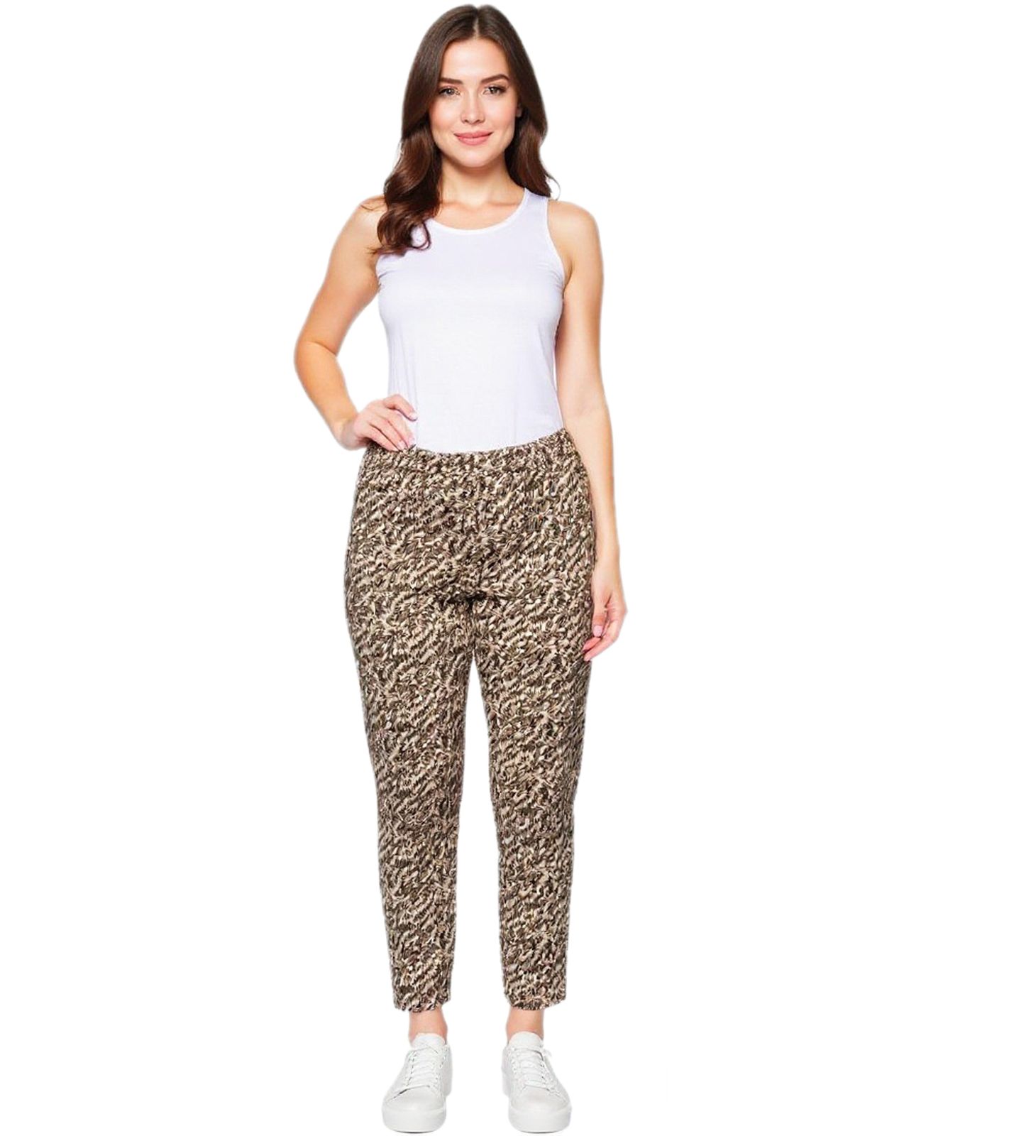 sheego Damen Stretchhose im Jogger-Stil mit glitzerndem Alloverdruck 134893 Beige/Grün
