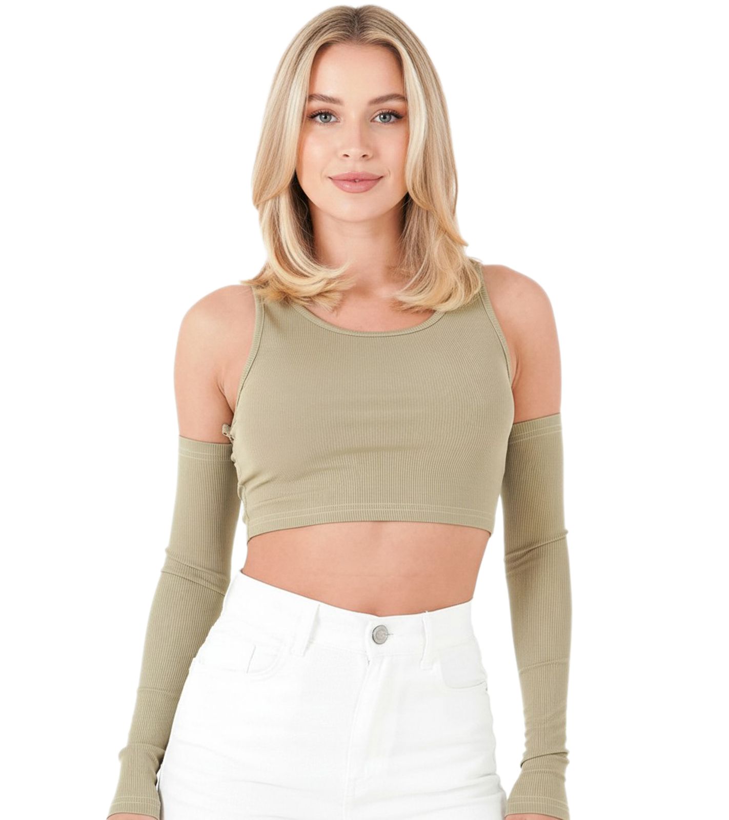 Sixth June Damen geripptes Crop-Top Cropped-Pullover mit abnehmbaren Ärmeln Langarm-Shirt W34131KTO Grün