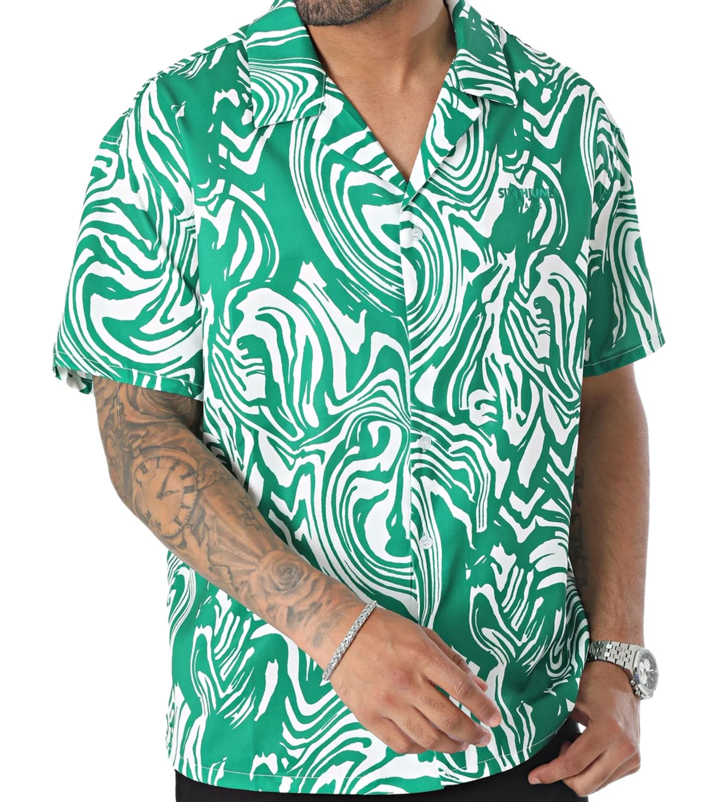 Sixth June Strand Hemd Herren Hemd mit psychedelischem Print Kurzarm-Shirt Reverskragen M23641PSH Grün