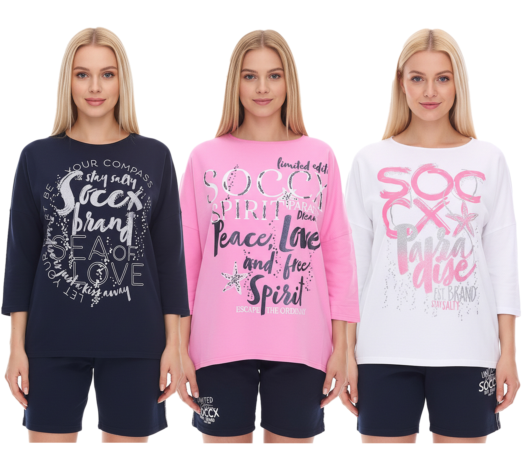 SOCCX by Carina Damen Oversized Sweatshirt mit Rundhals-Ausschnitt Alltags-Pulli in Blau, Weiß oder Rosa