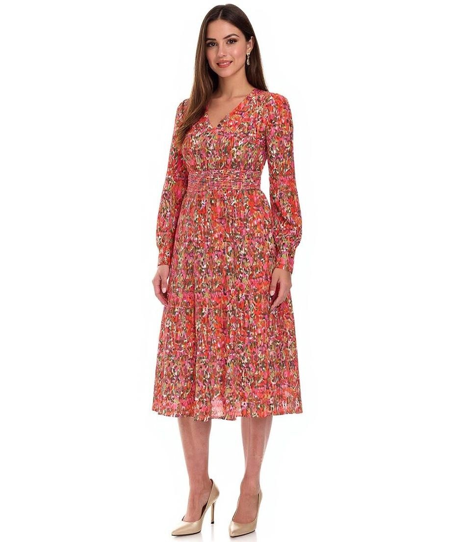 sommerliches Damen Midi-Kleid mit V-Ausschnitt Urlaubs-Kleid mit Allover-Print Sommer-Kleid 904366 Rosa/Rot/Grün