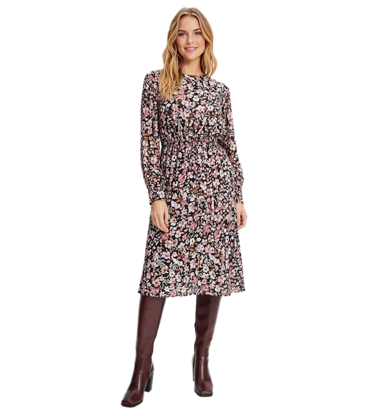 sommerliches Damen Mini-Kleid mit Blumen-Muster Chiffon-Kleid Große Größen 917915 Schwarz/Bunt