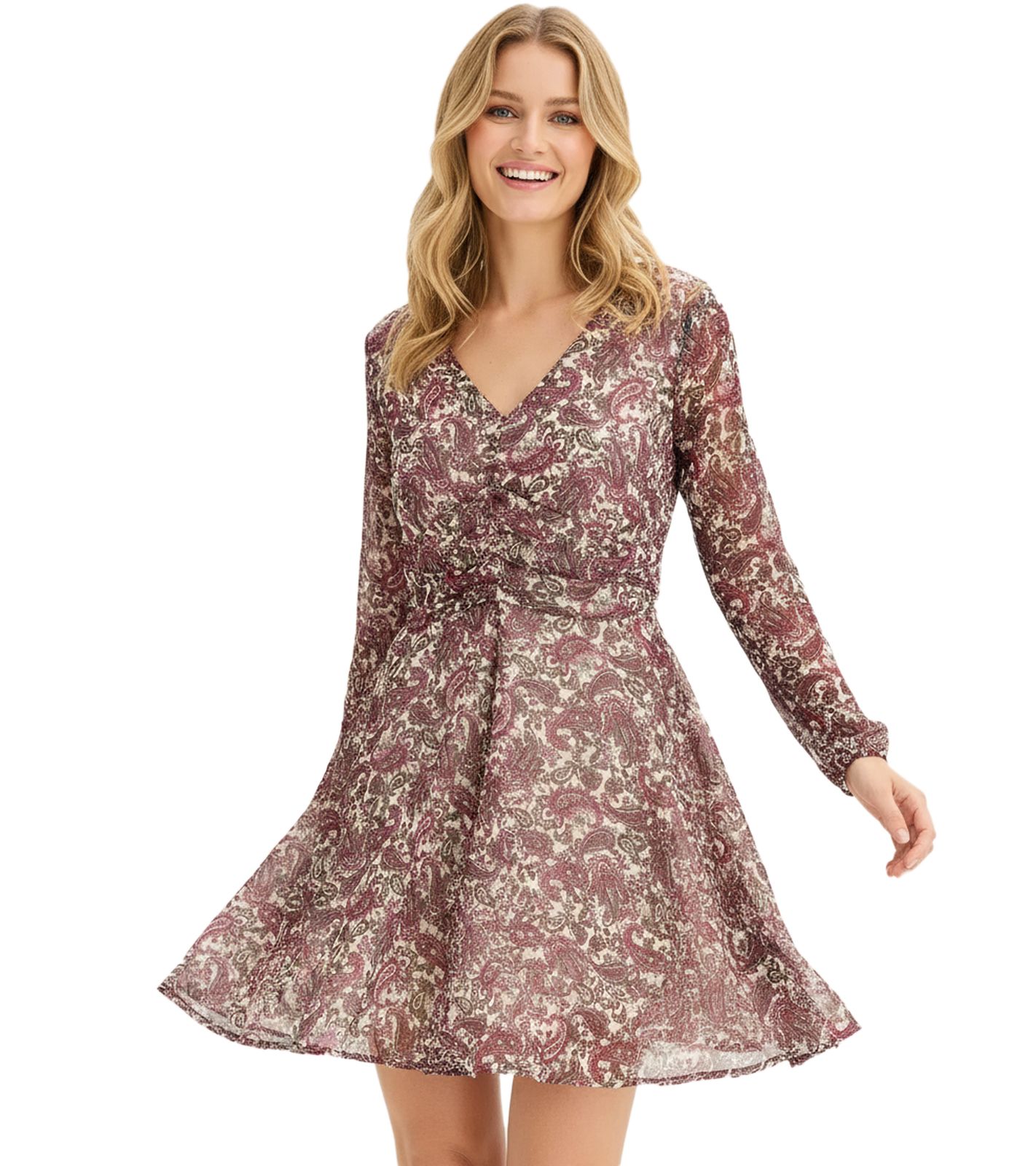 sommerliches Damen Mini-Kleid mit Paisley-Muster Chiffon-Kleid 928788 Beige/Lila/Grau
