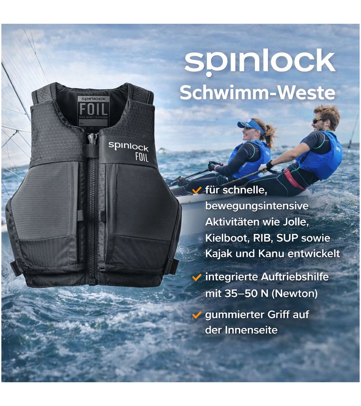 Spinlock Foil PFD Schwimm-Weste mit 35–50N Auftriebshilfe Schutzweste Sicherheits-Weste Wassersport Segelweste Jollensegeln, Kajak & Kanadier, SUP DW-BA/FBG Schwarz