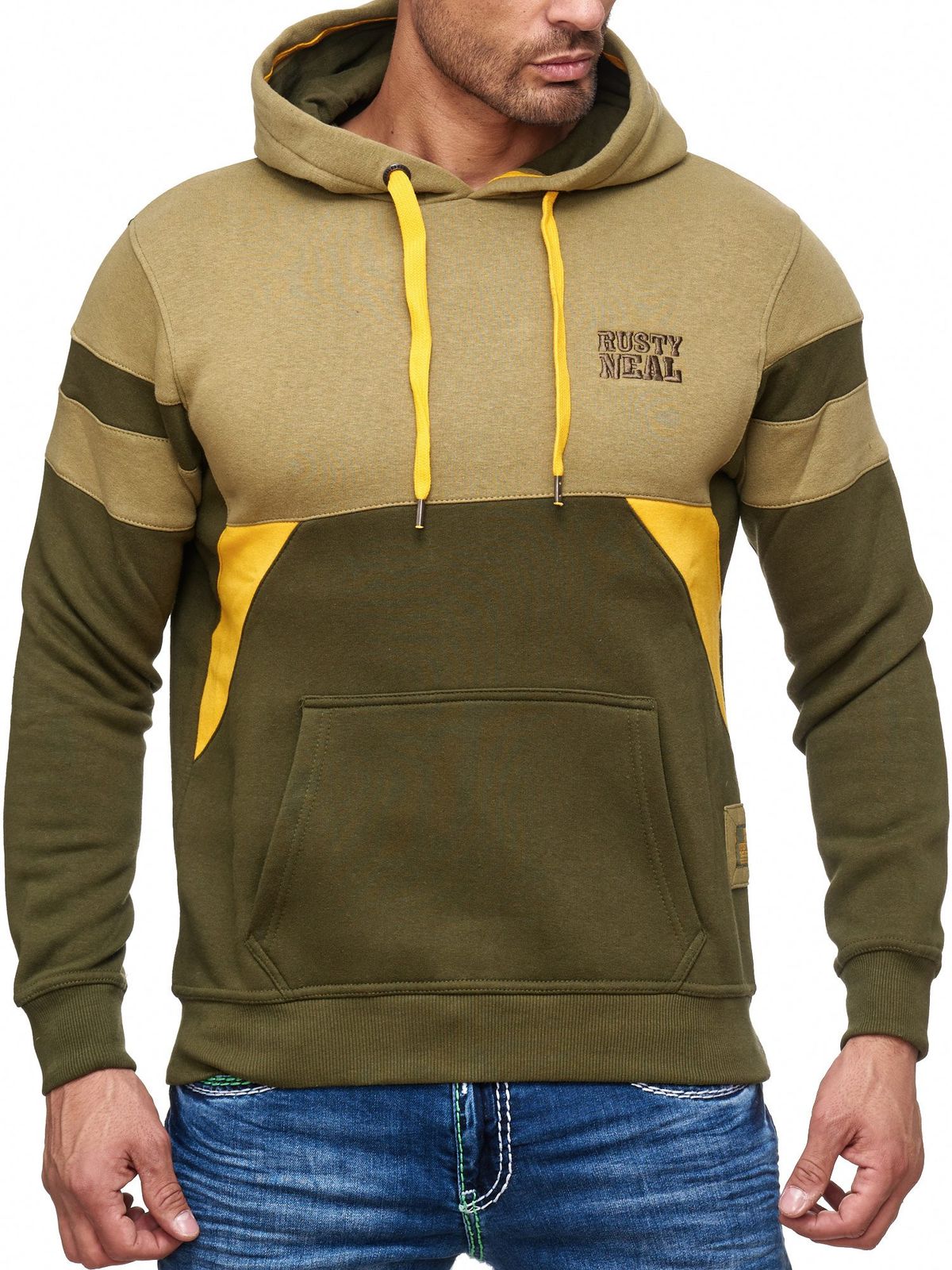 Sportiver Herren Hoodie im Colorblock Design Kapuzen-Pullover mit Kängurutasche Sweater 19041 Olive