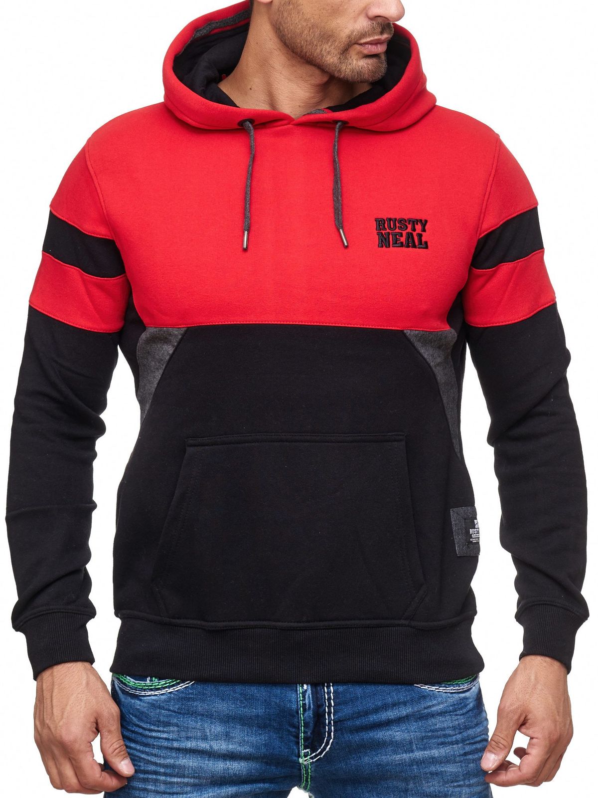Sportiver Herren Hoodie im Colorblock Design Kapuzen-Pullover mit Kängurutasche Sweater 19041 Rot