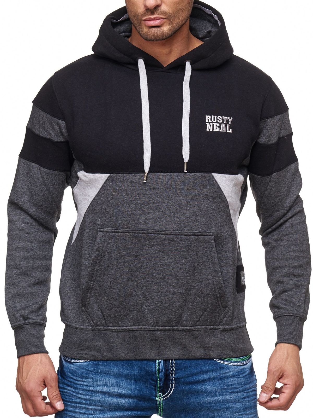 Sportiver Herren Hoodie im Colorblock Design Kapuzen-Pullover mit Kängurutasche Sweater 19041 Schwarz