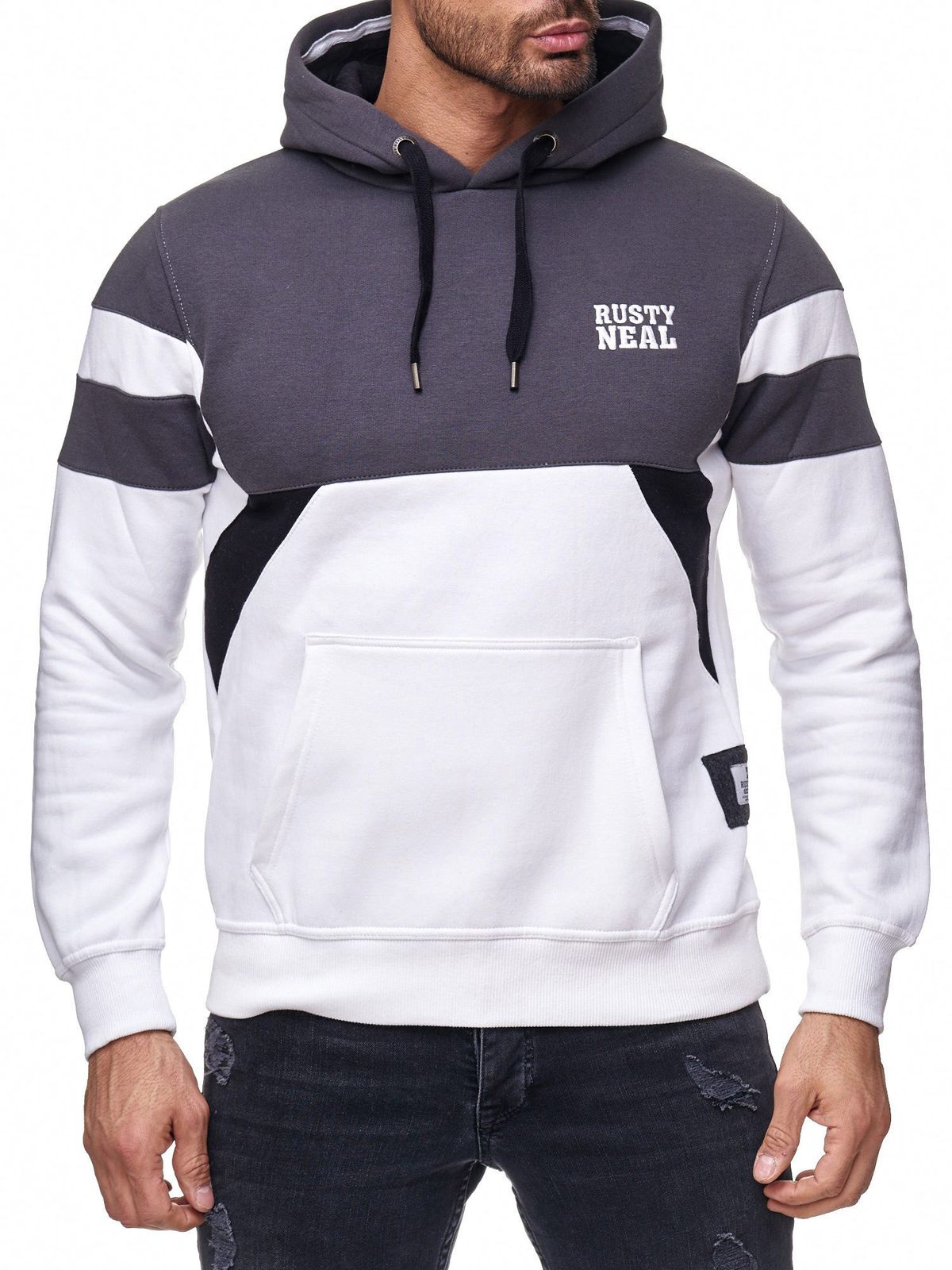 Sportiver Herren Hoodie im Colorblock Design Kapuzen-Pullover mit Kängurutasche Sweater 19041 Weiß