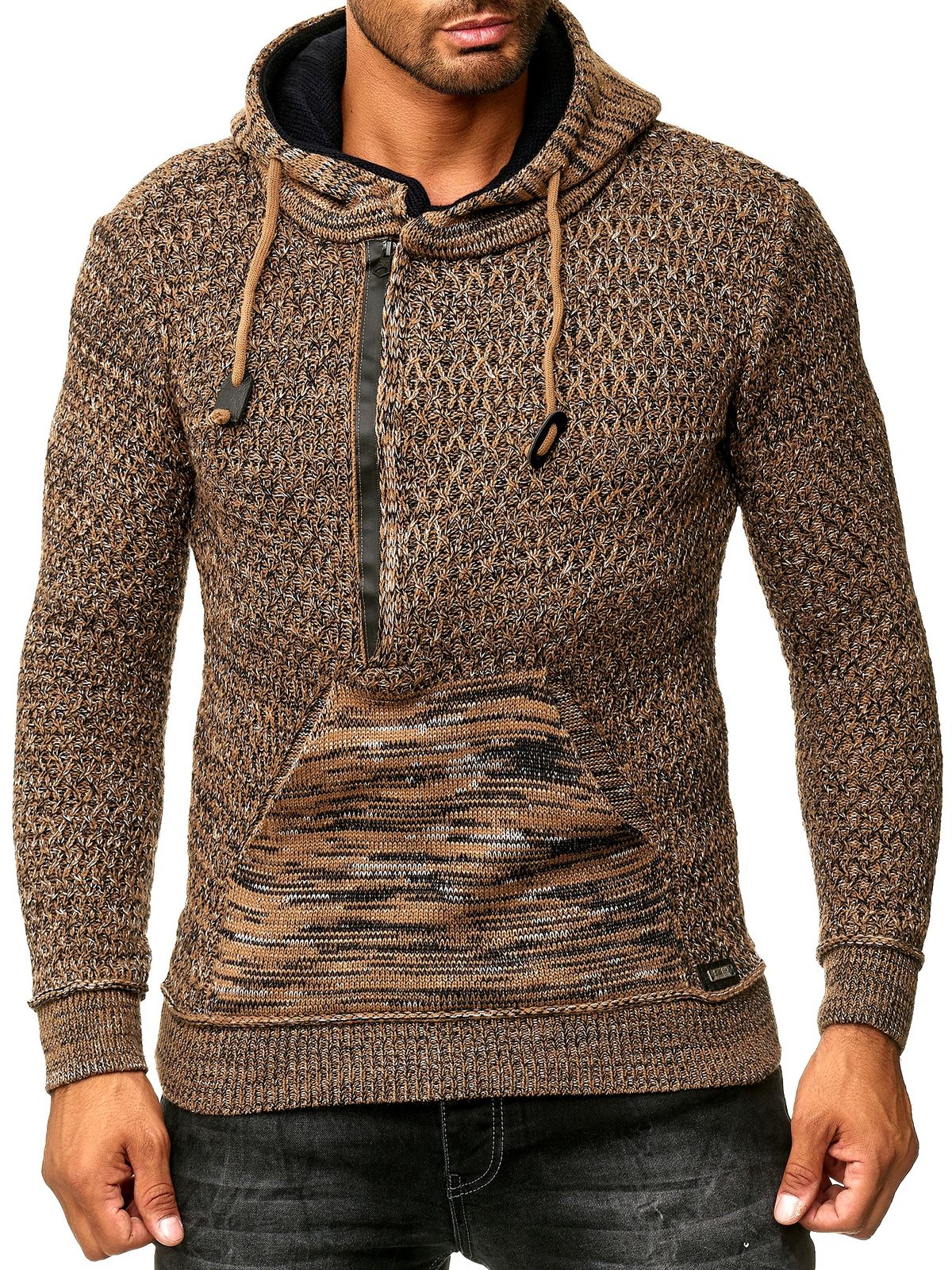 Sportiver Herren Kapuzen-Pullover mit Half-Zip und Strukturstrick Hoodie Sweater 13323 Braun